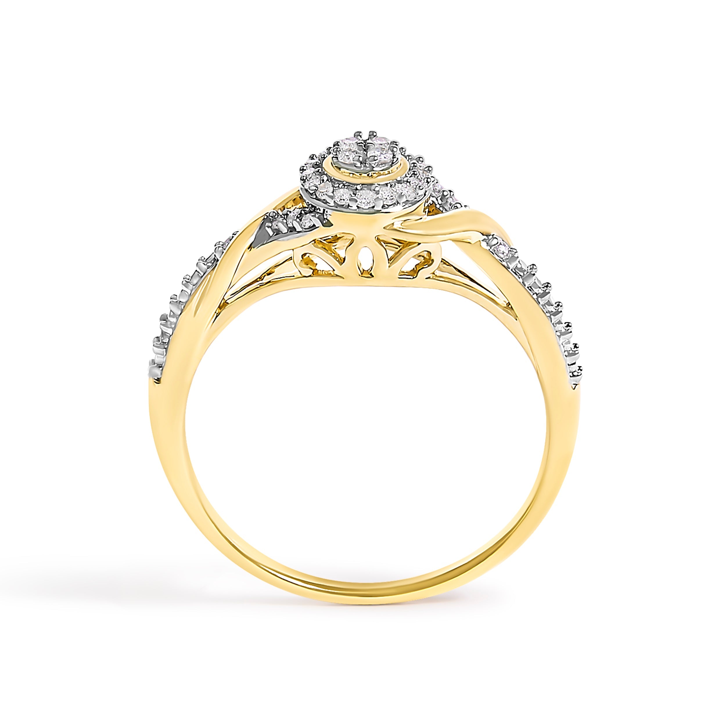 10K Yellow Gold 1/10 Cttw Diamond Swirl and Halo Promise Ring (I-J Color, I3 Clarity) - Size 7 by Bids.com