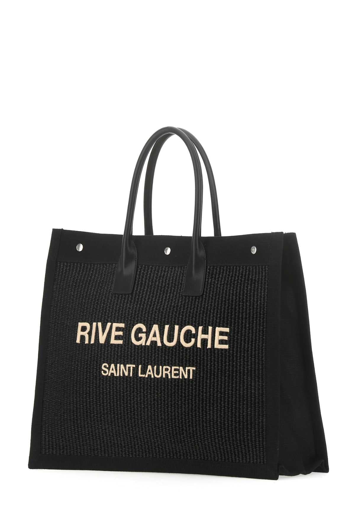Saint Laurent Men Black Rafia And Canvas Rive Gauche Shopping Bag DestGlow