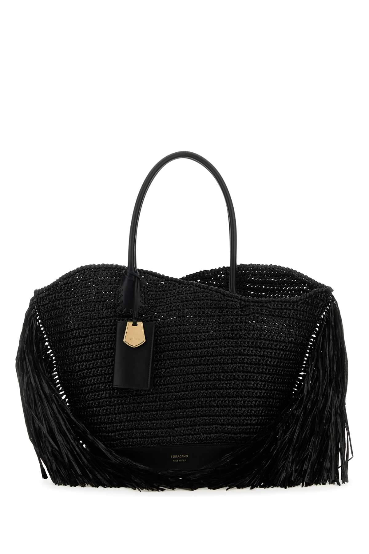 Salvatore Ferragamo Women Black Raffia And Leather Big Shopping Bag DestGlow