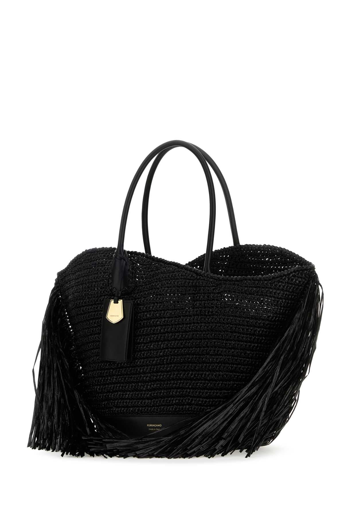 Salvatore Ferragamo Women Black Raffia And Leather Big Shopping Bag DestGlow