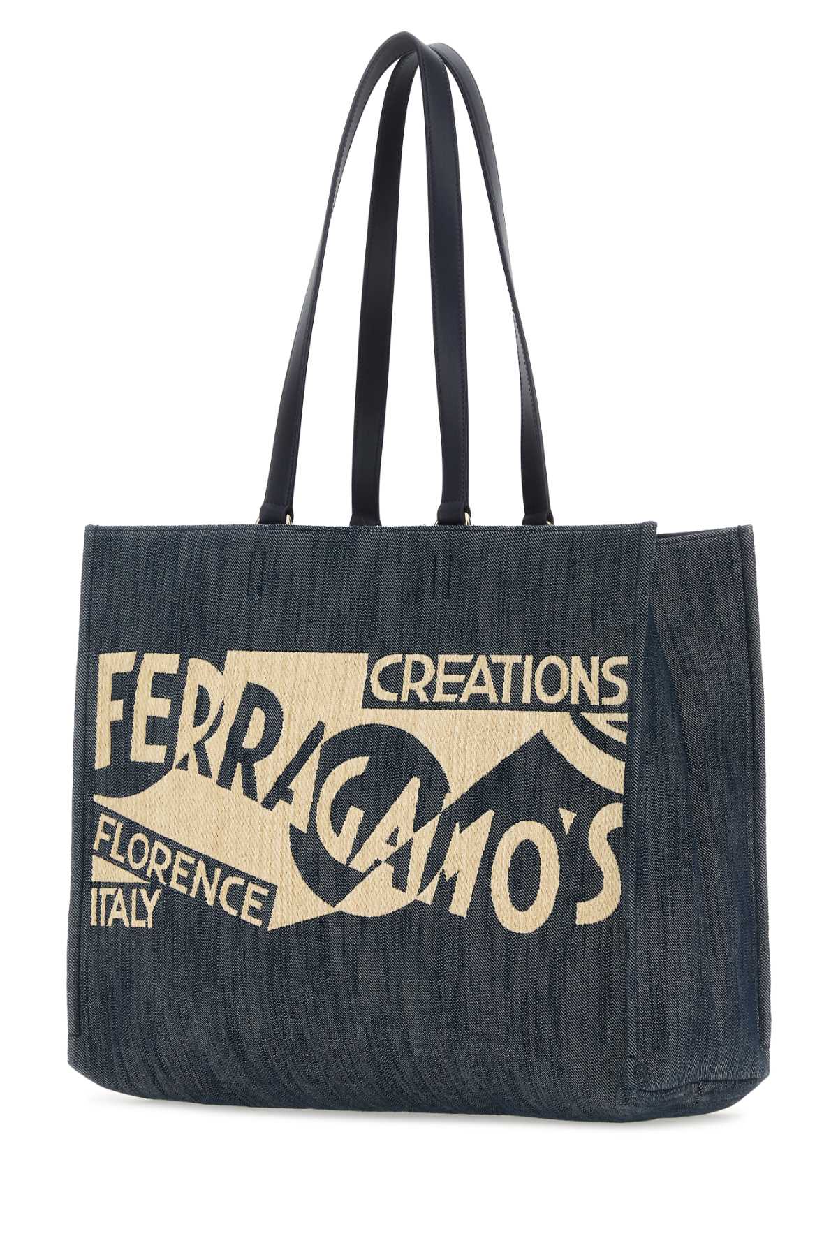 Salvatore Ferragamo Women Blue Denim Large Tt Sign Shopping Bag by Luosophy