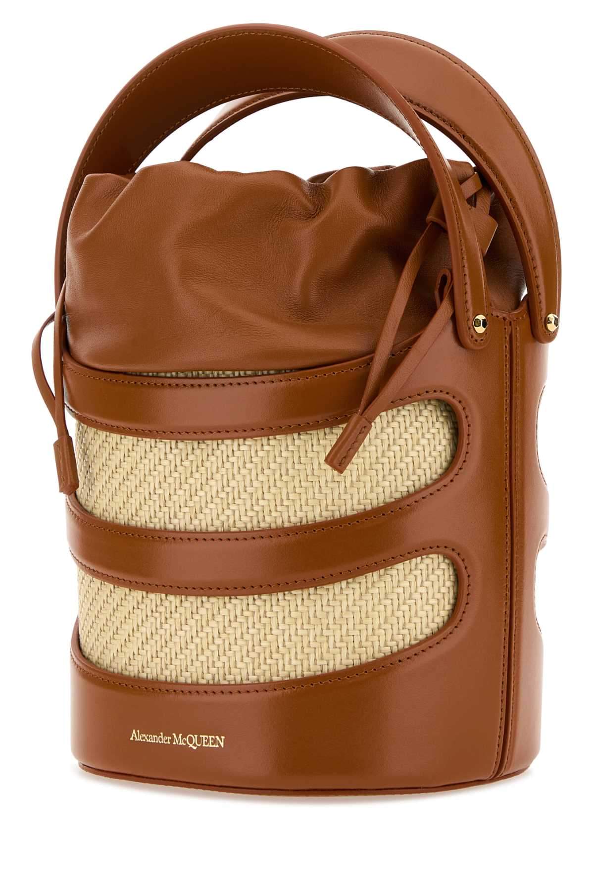 Alexander Mcqueen Women Two-Tone Leather And Raffia The Rise Bucket Bag DestGlow