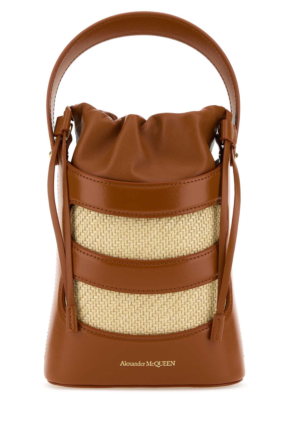 Alexander Mcqueen Women Two-Tone Leather And Raffia Mini The Rise Bucket Bag by Luosophy