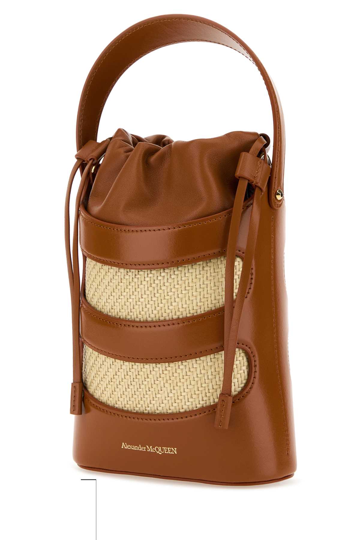 Alexander Mcqueen Women Two-Tone Leather And Raffia Mini The Rise Bucket Bag by Luosophy