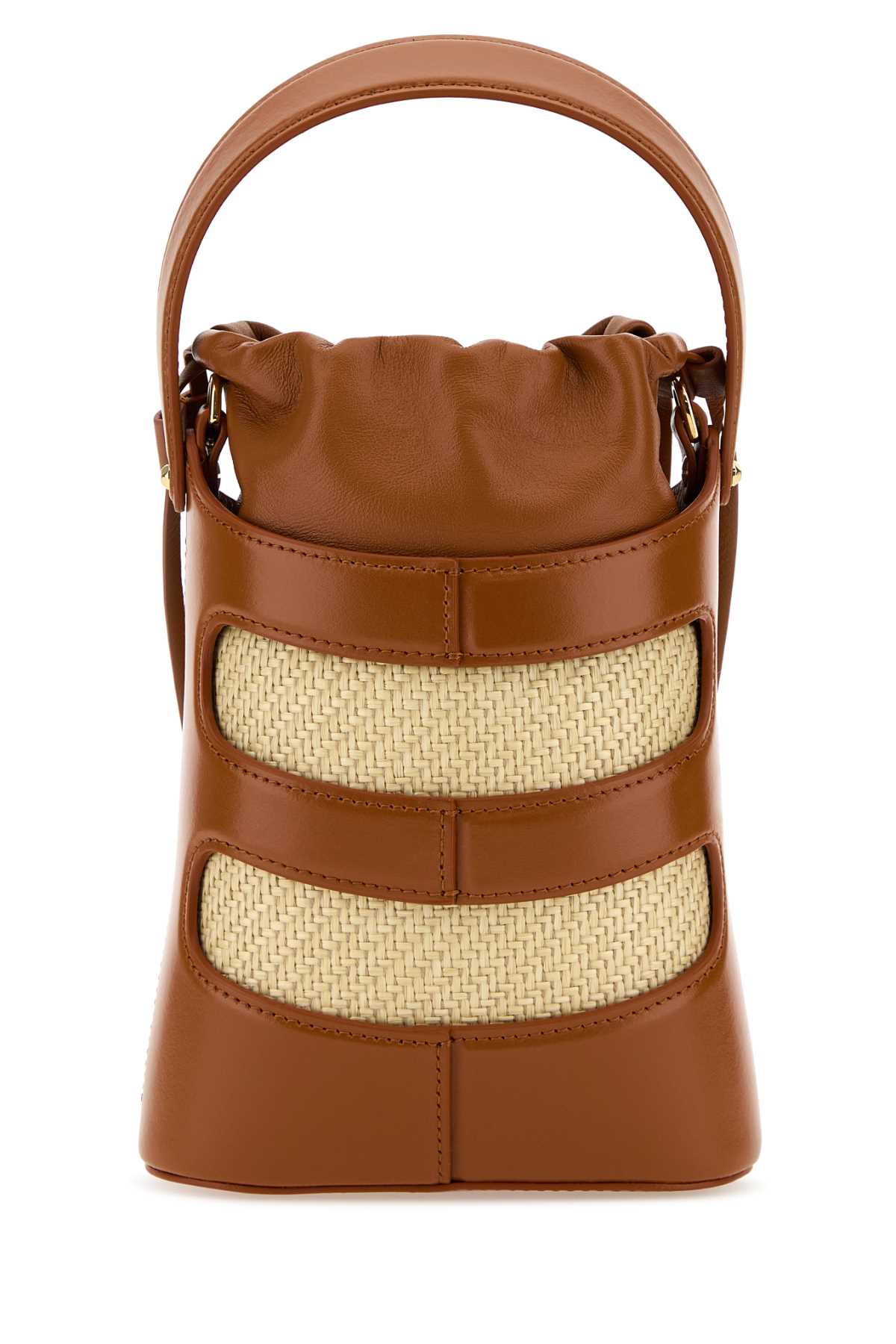 Alexander Mcqueen Women Two-Tone Leather And Raffia Mini The Rise Bucket Bag by Luosophy