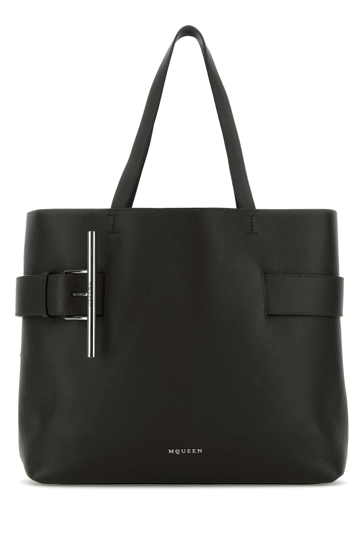 Alexander Mcqueen Women Black Leather T-Bar Shopping Bag by Luosophy