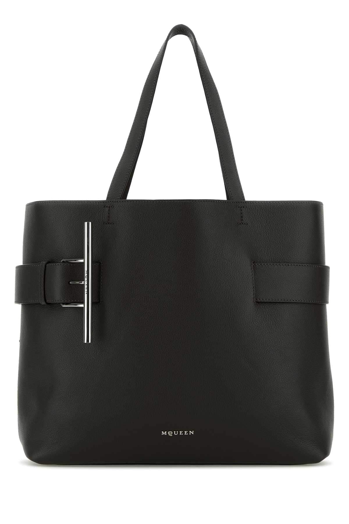 Alexander Mcqueen Women Black Leather T-Bar Shopping Bag DestGlow