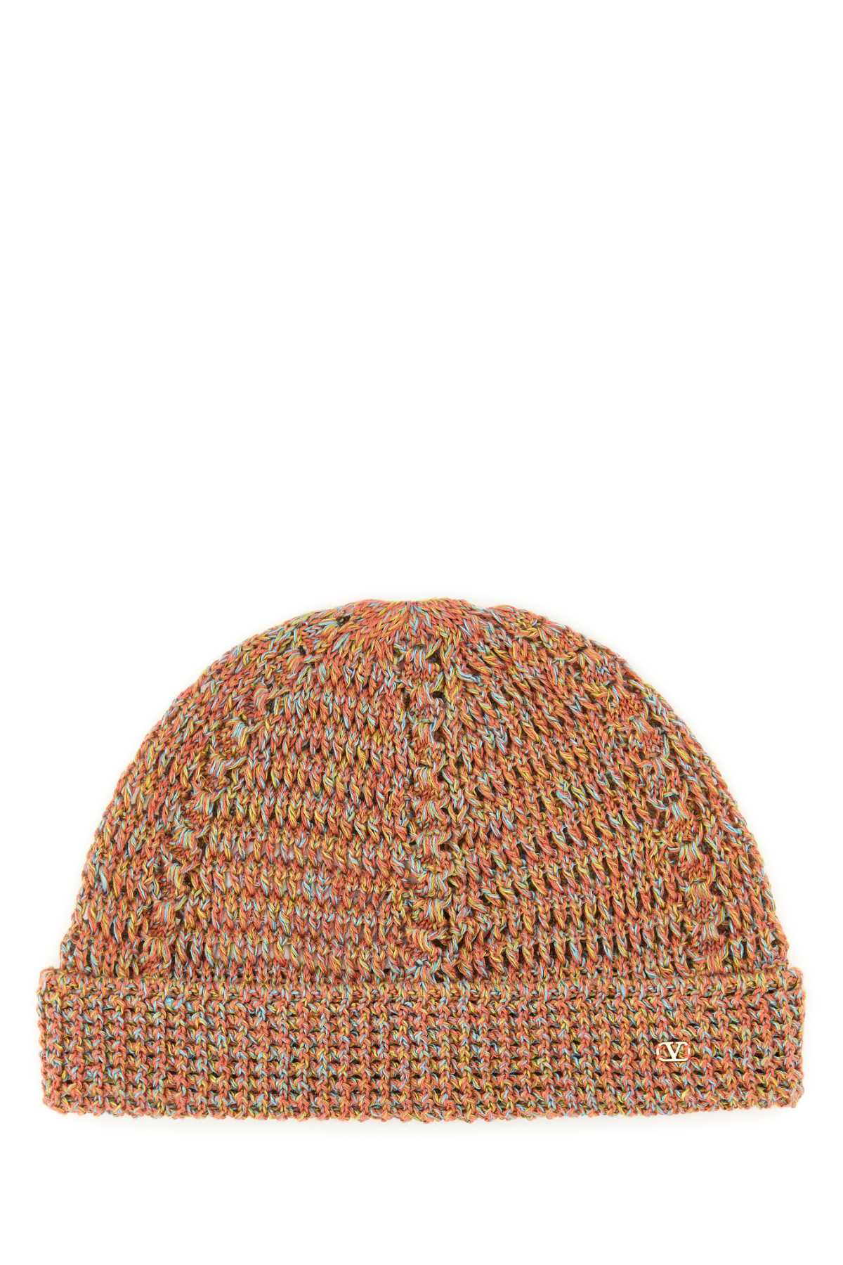 Valentino Garavani Men Multicolor Linen Blend Knitted Vlogo Signature Beanie Hat DestGlow