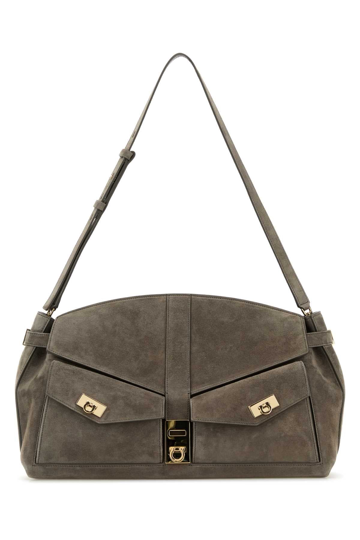 Salvatore Ferragamo Women Grey Suede Shoulder Bag DestGlow