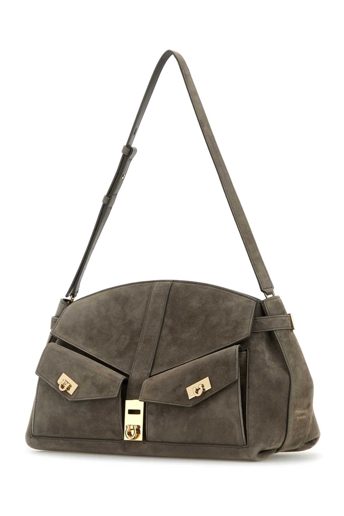 Salvatore Ferragamo Women Grey Suede Shoulder Bag DestGlow