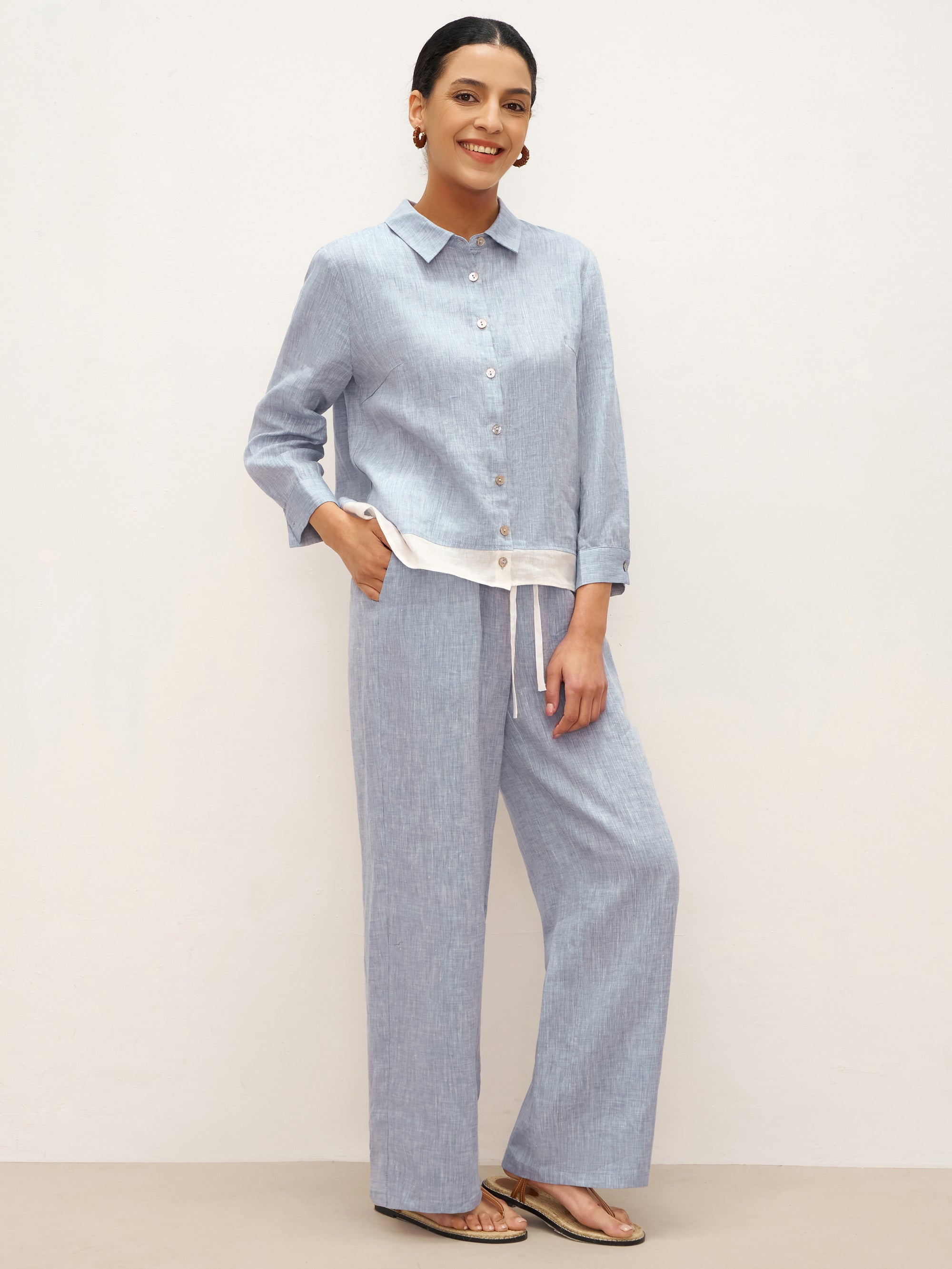 100% Linen Buttoned Closure Color-Blocked Shirt JANICE DestGlow