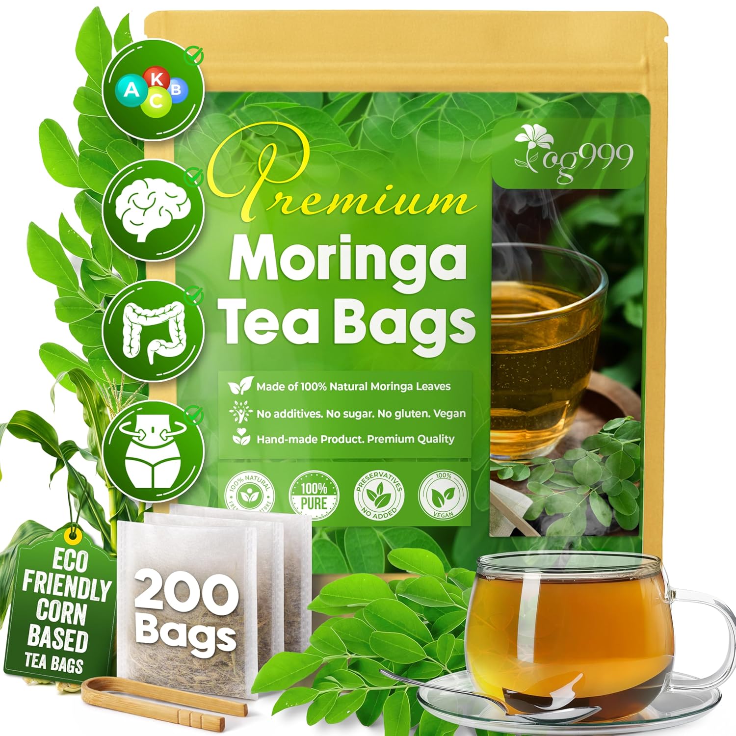Moringa Leaf Tea Bags, 100% Natural & Pure from Moringa Leaves. Loose Leaf Moringa Herbal Tea. Moringa Leaf Tea. No Sugar, No Caffeine, No Gluten, Vegan by FreshDrinkUS - Natural and Premium Herbal Tea