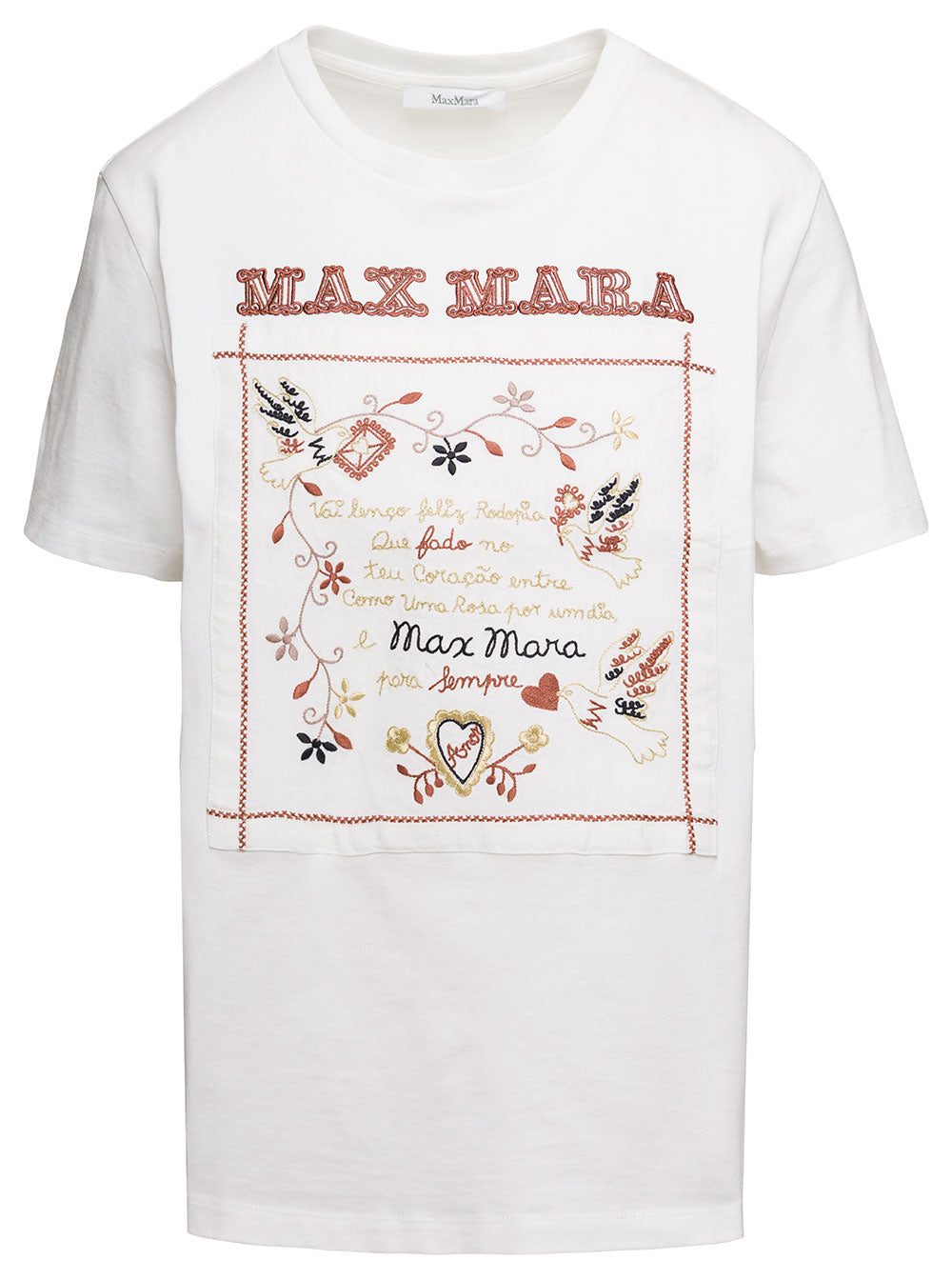 Max Mara Women White Crew Neck T-Shirt With Embroidered Design And Logo In Cotton Woman by Luosophy