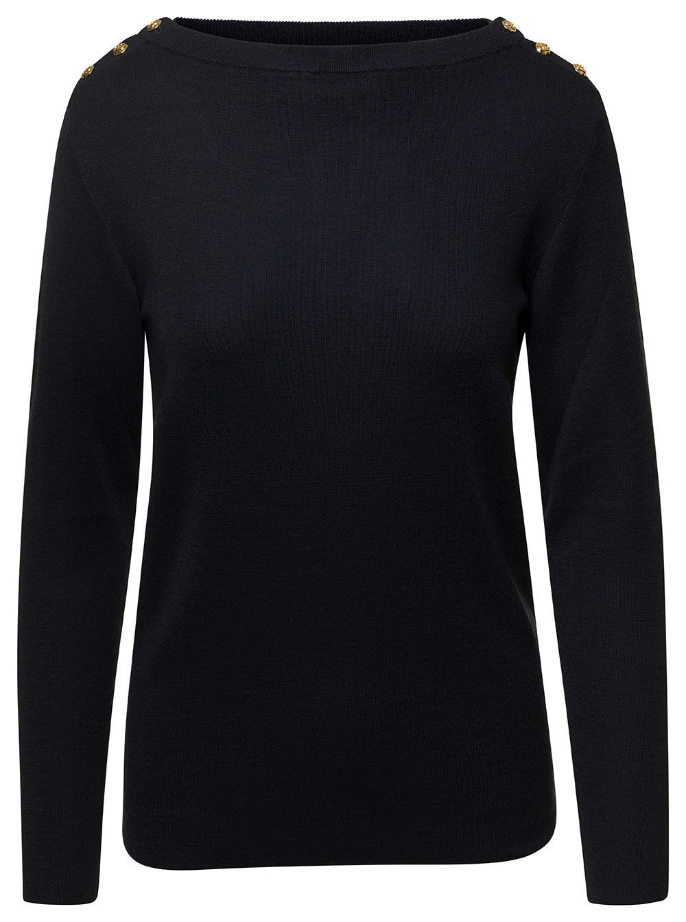 Gucci Women Black Sweater With Boat Neckline And Golden Logo Buttons In Cashmere Woman by Luosophy