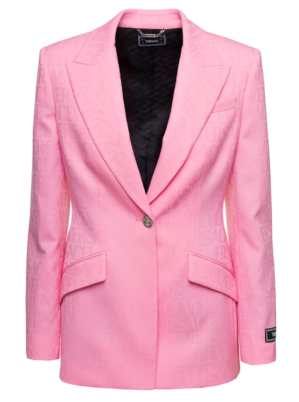 Versace Women Pink Single-Breasted Jacket With All-Over Tonal Logo Lettering Print In Wool Woman by Luosophy