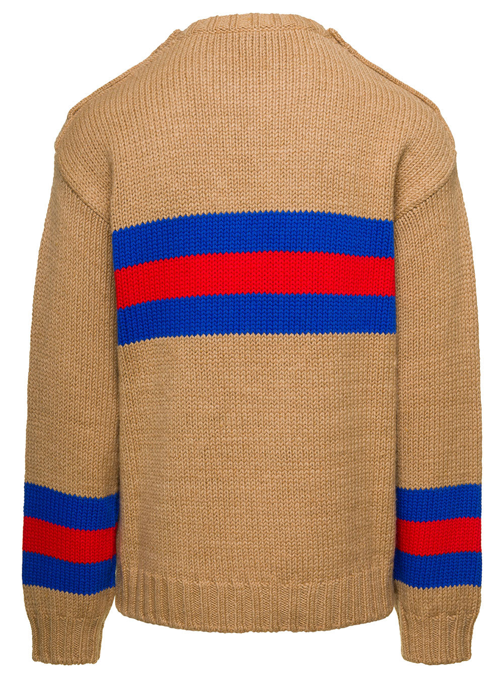 Gucci Men Camel Brown Crewneck Sweater With Web Intarsia In Wool And Mohair Man by Luosophy