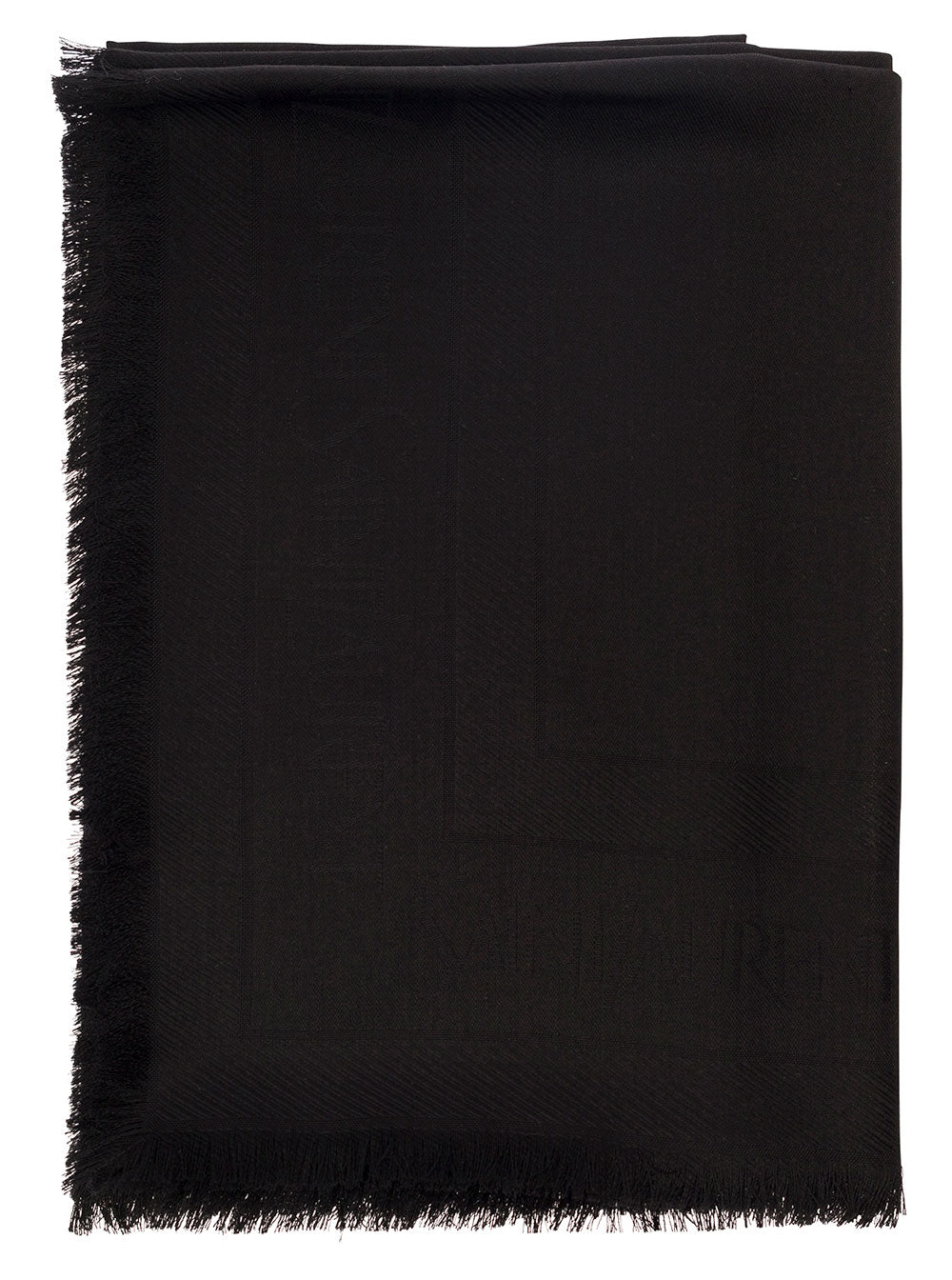 Saint Laurent Men Black Scarf With Jacquard Logo And Fringed Hem In Wool And Silk Man by Luosophy