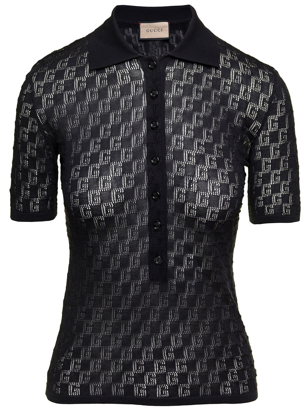 Gucci Women Black Polo Shirt With Button Closure And Gg Motif In Cotton And Silk Blend Woman by Luosophy