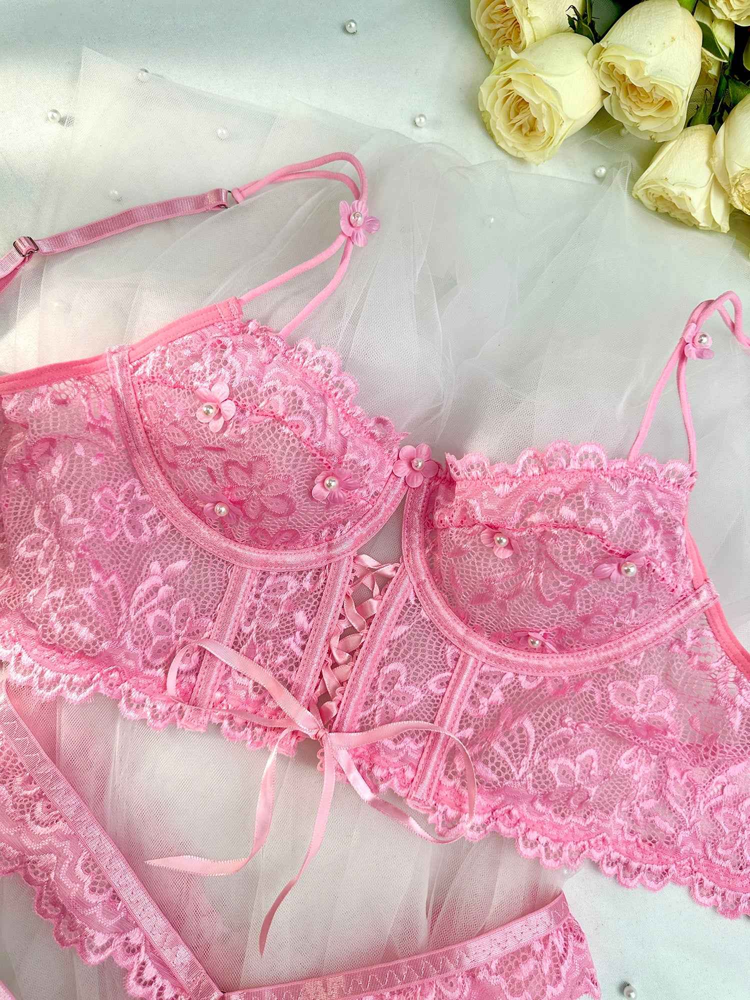 Pink Pearls Small Flower Lace Lingerie Set