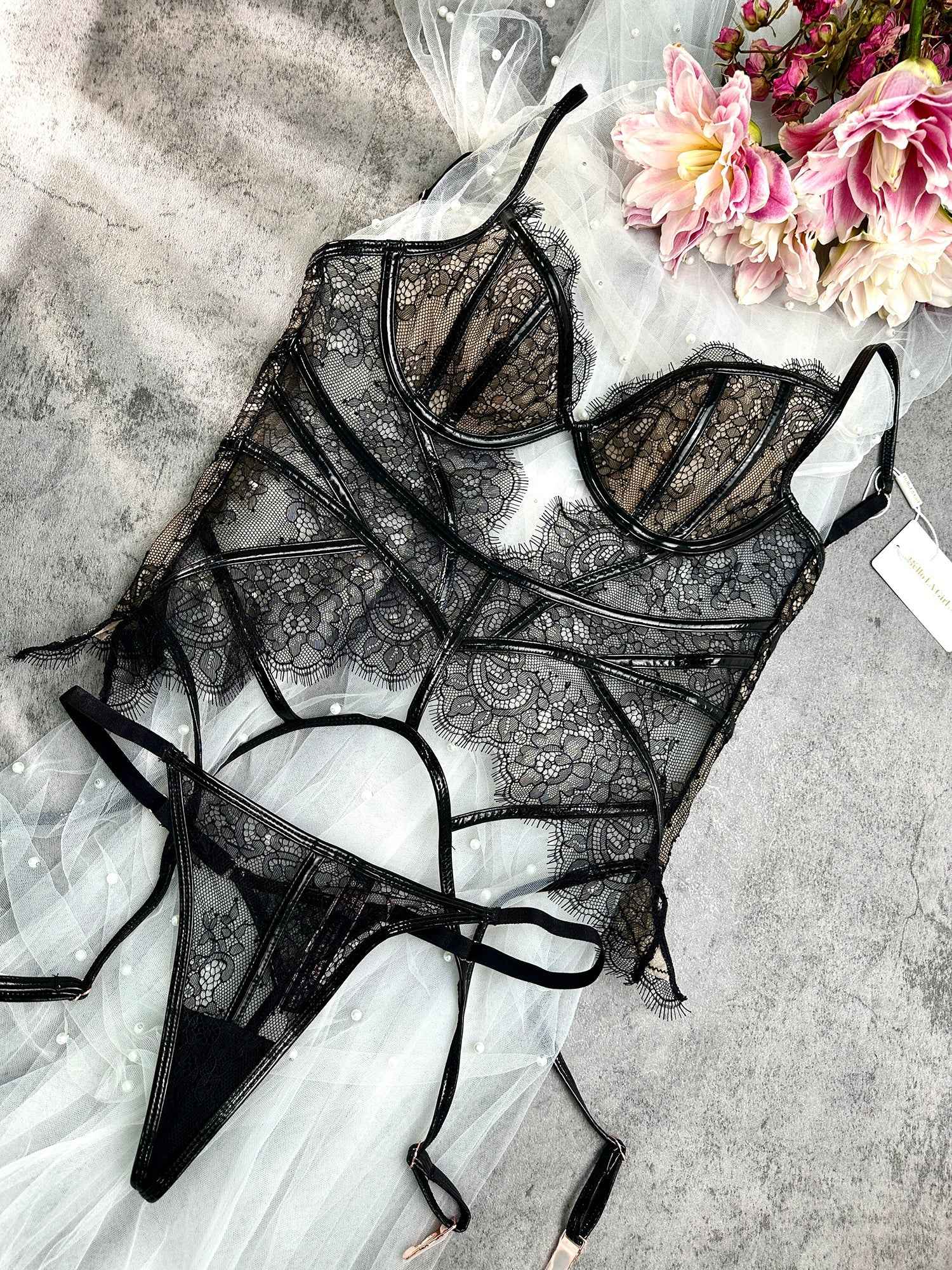 Seductive Black Patent Leather Lingerie Set