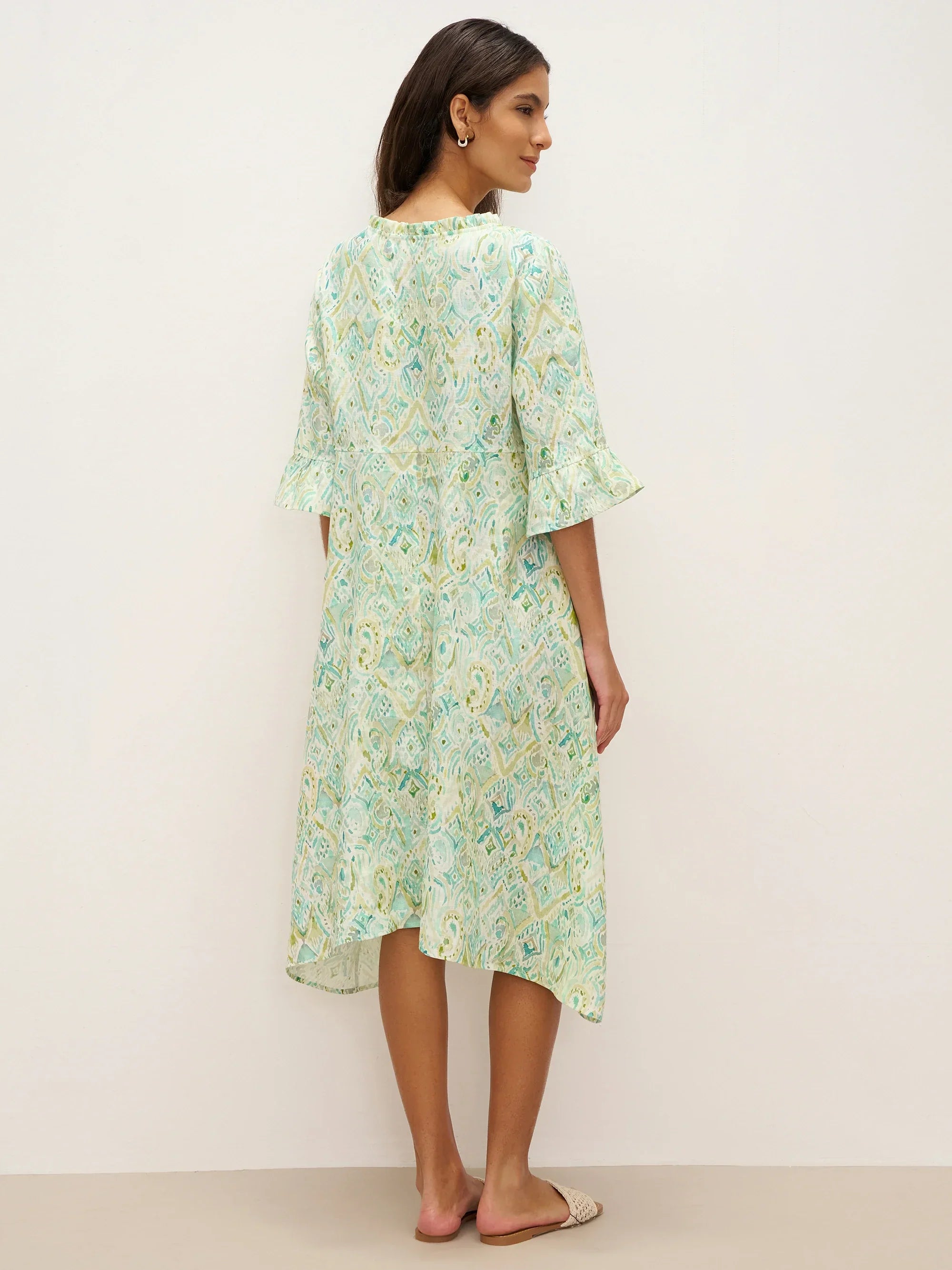 100% Linen A-Line Ruffled Collar Tie-Neck Midi Dress LIVIA by LINTICO