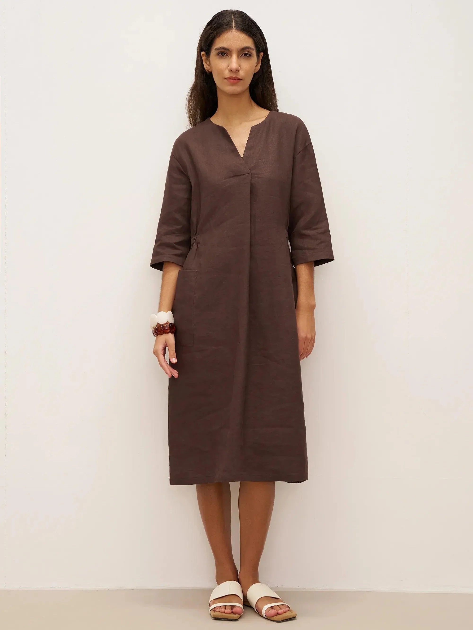 100% Linen V-neck Bell Pocket Midi Dress EVELINA by LINTICO