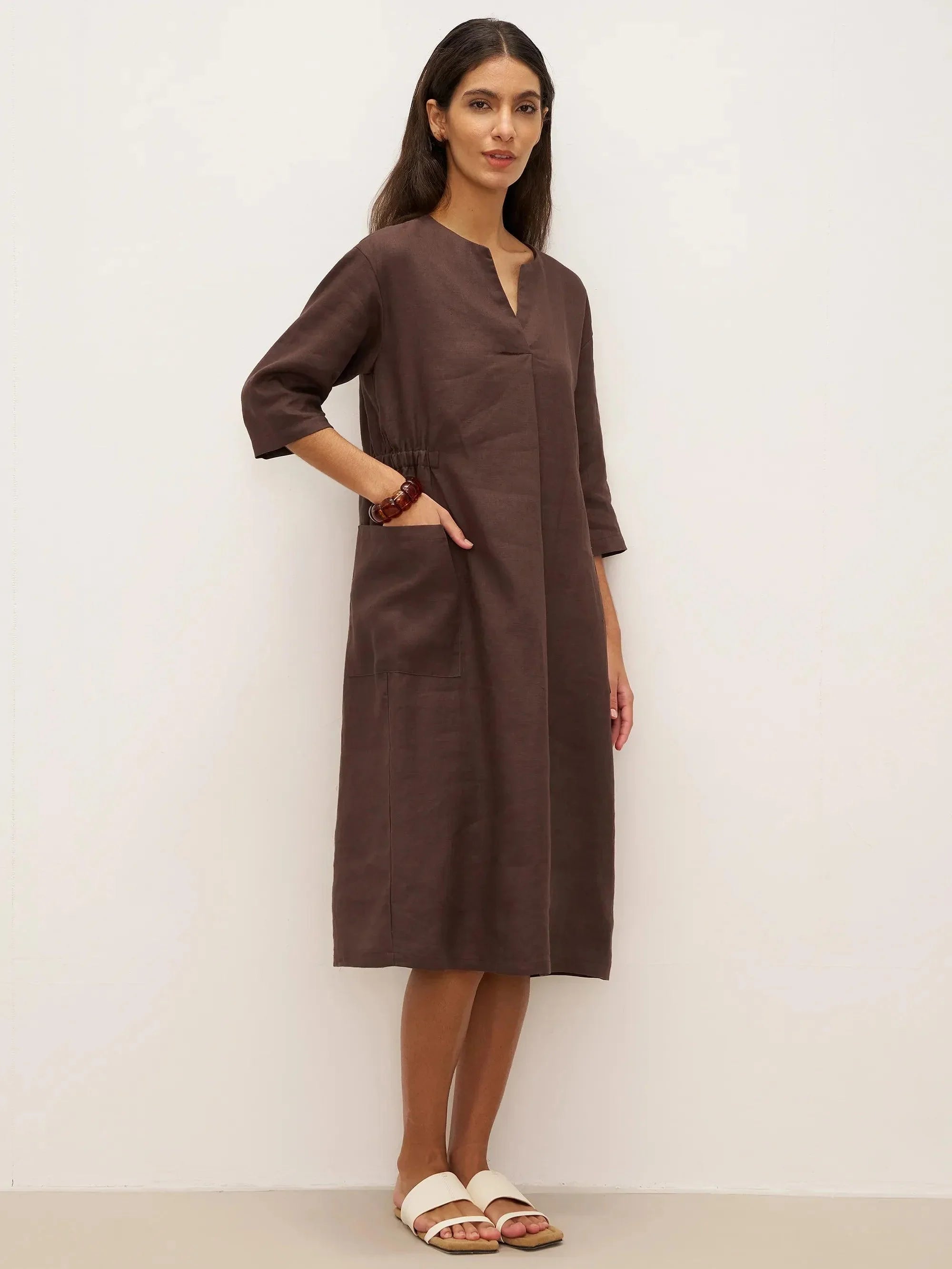 100% Linen V-neck Bell Pocket Midi Dress EVELINA by LINTICO
