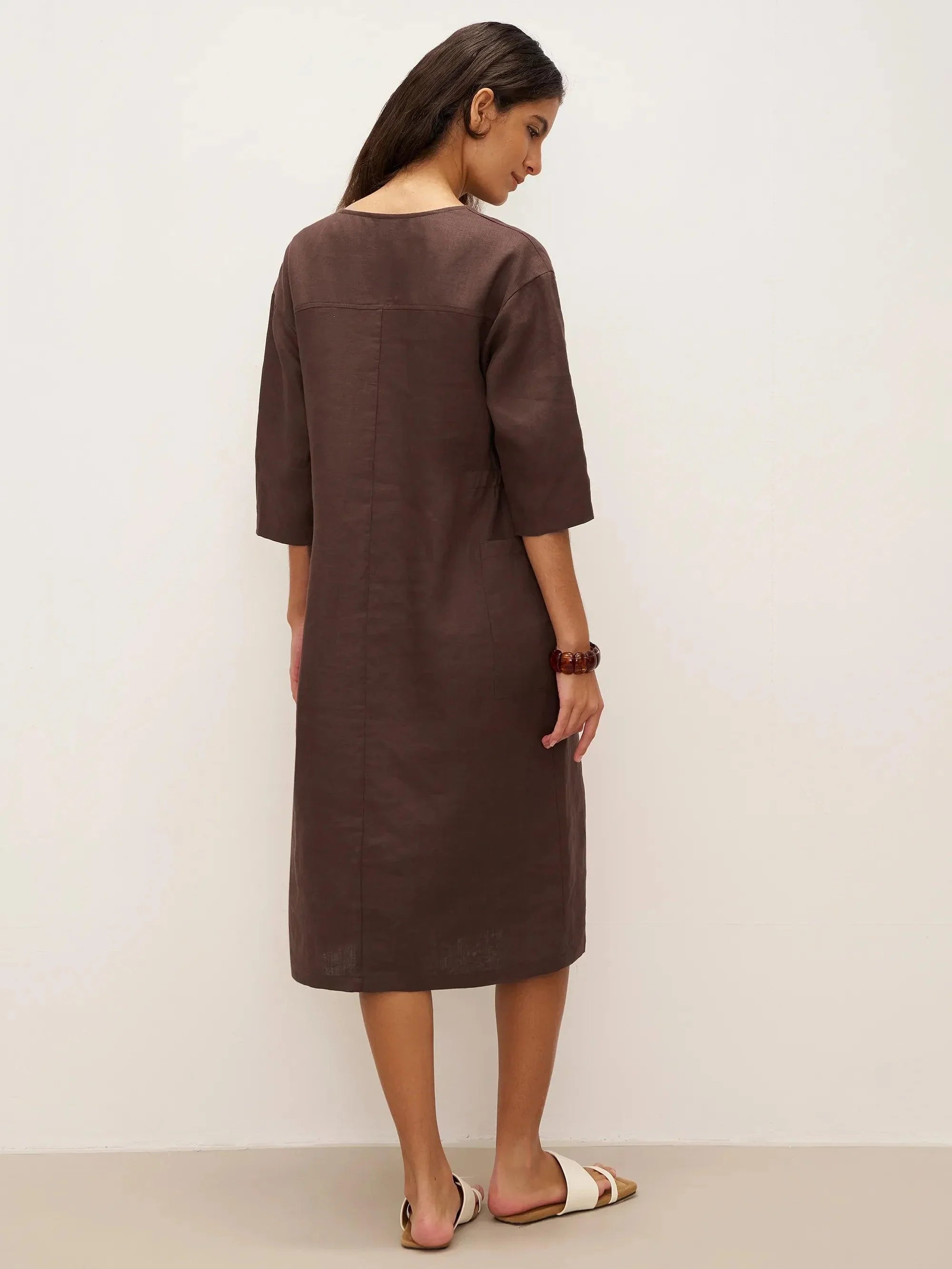 100% Linen V-neck Bell Pocket Midi Dress EVELINA by LINTICO