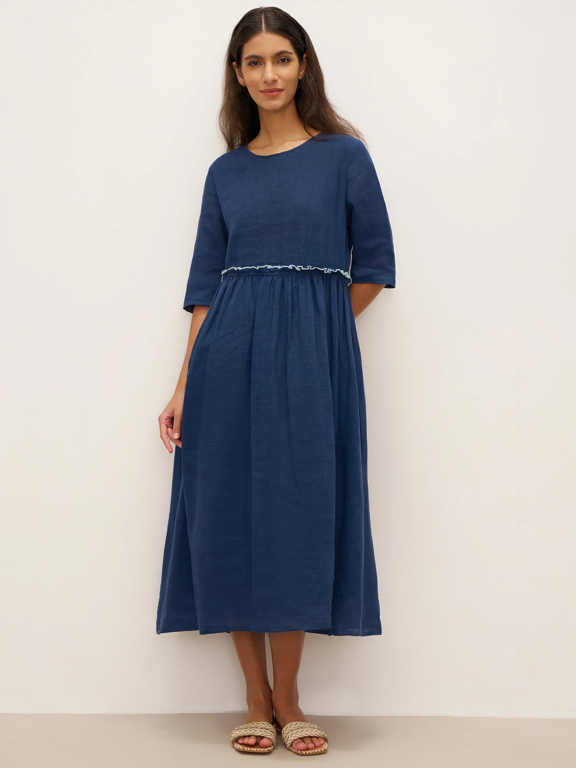 100% Linen Petal-Waist Drawstring Midi Dress JASMINE by LINTICO