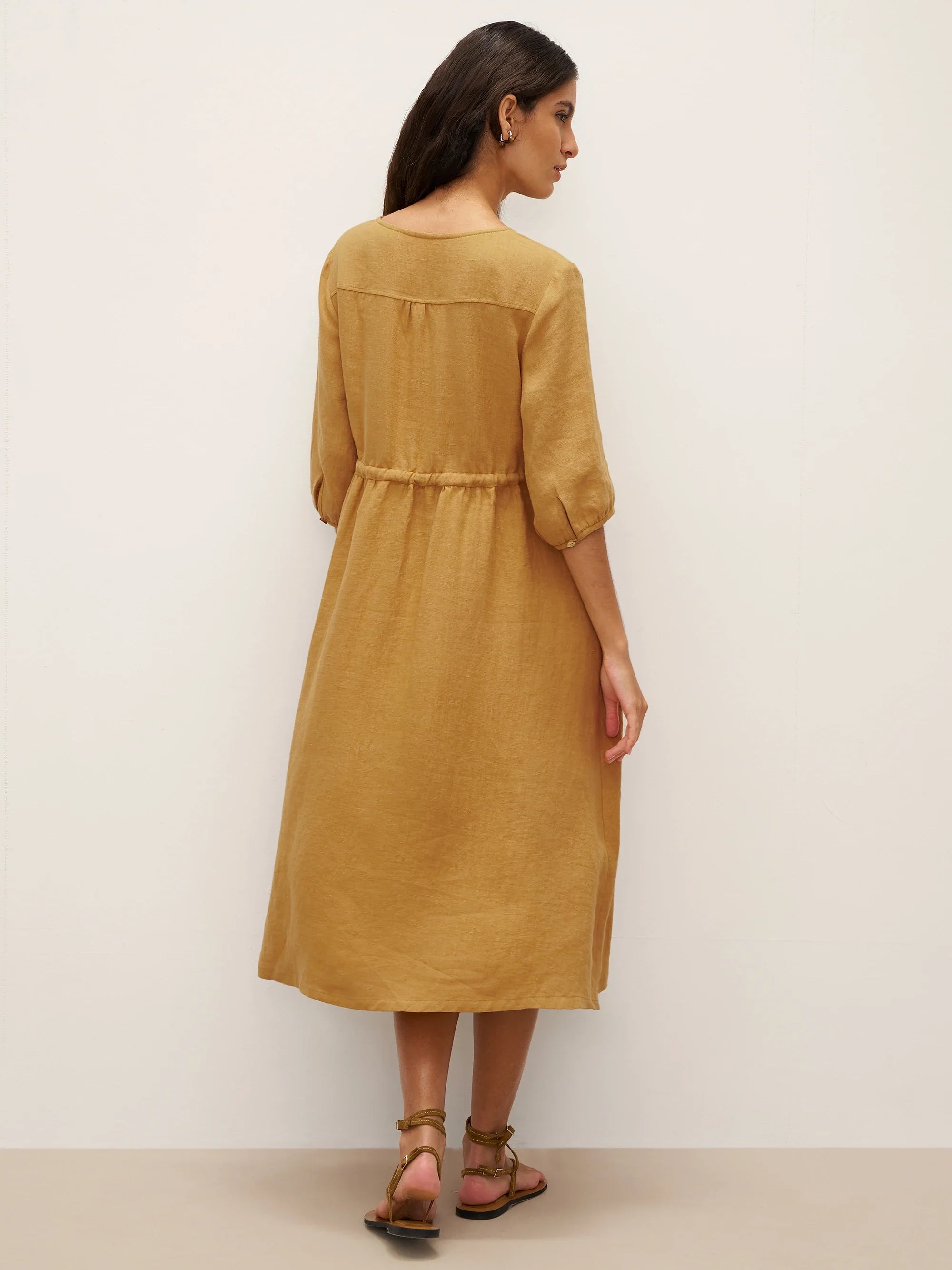 100% Linen A-Line Drawstring Waist Midi Dress DIXIE by LINTICO
