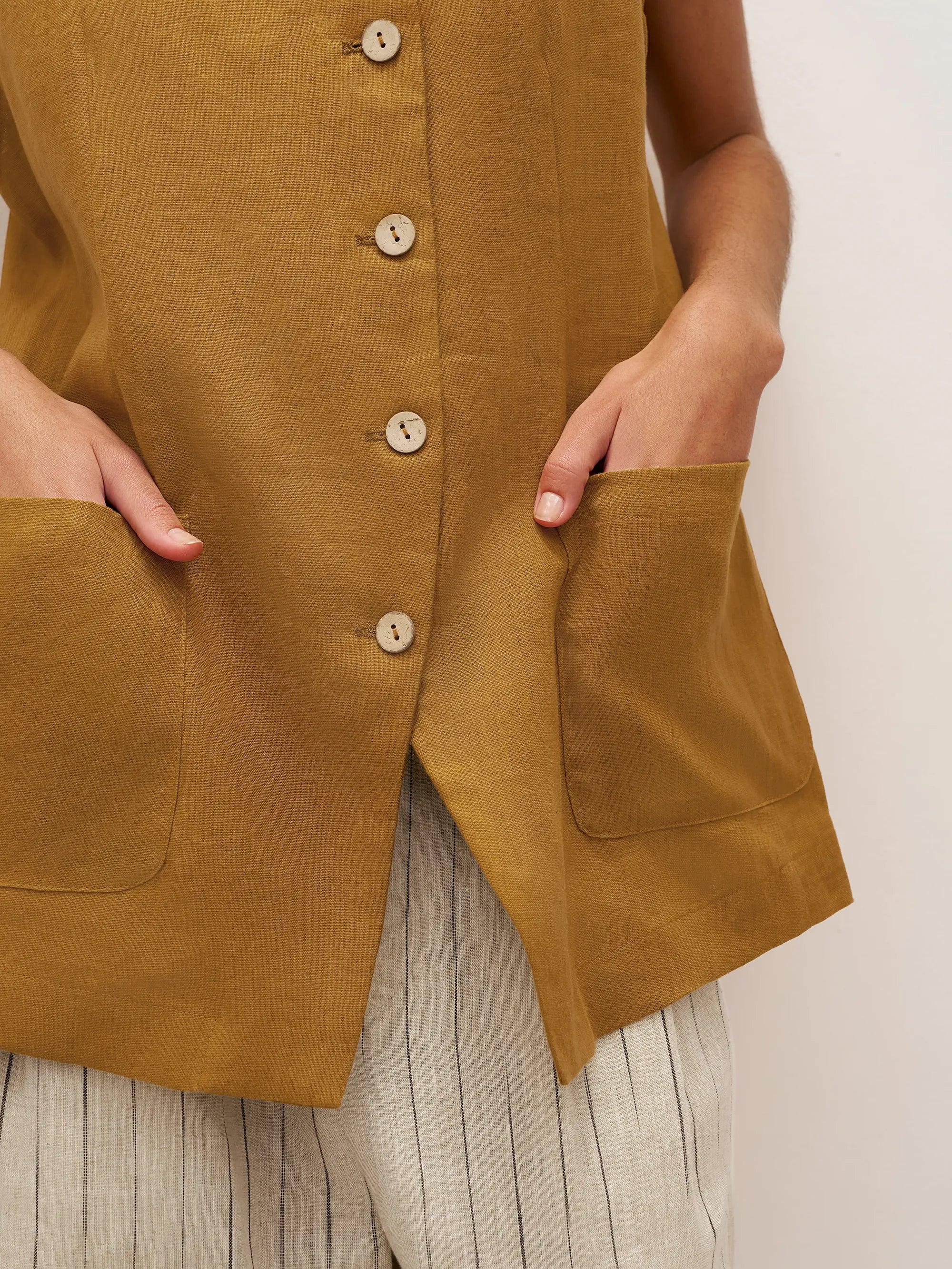 100% Linen Arc-Placket Button-Front Vest ELFRIDA by LINTICO