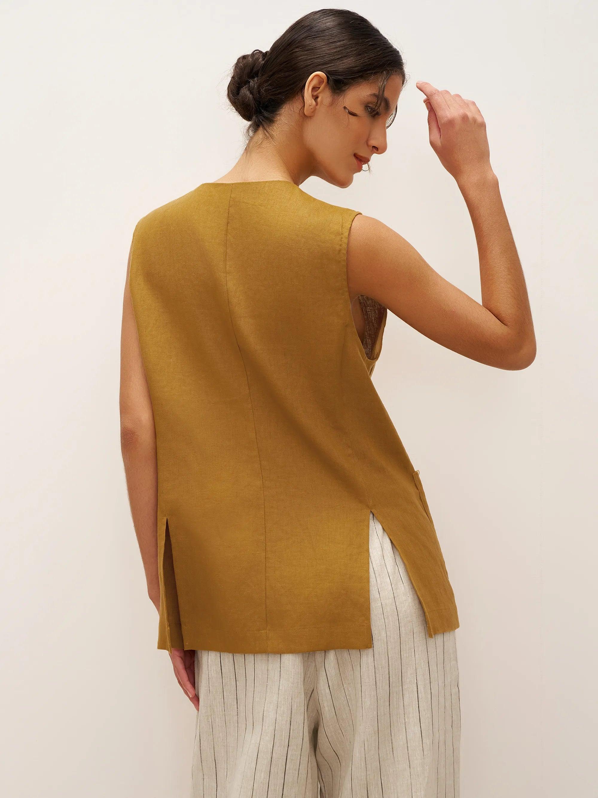 100% Linen Arc-Placket Button-Front Vest ELFRIDA by LINTICO