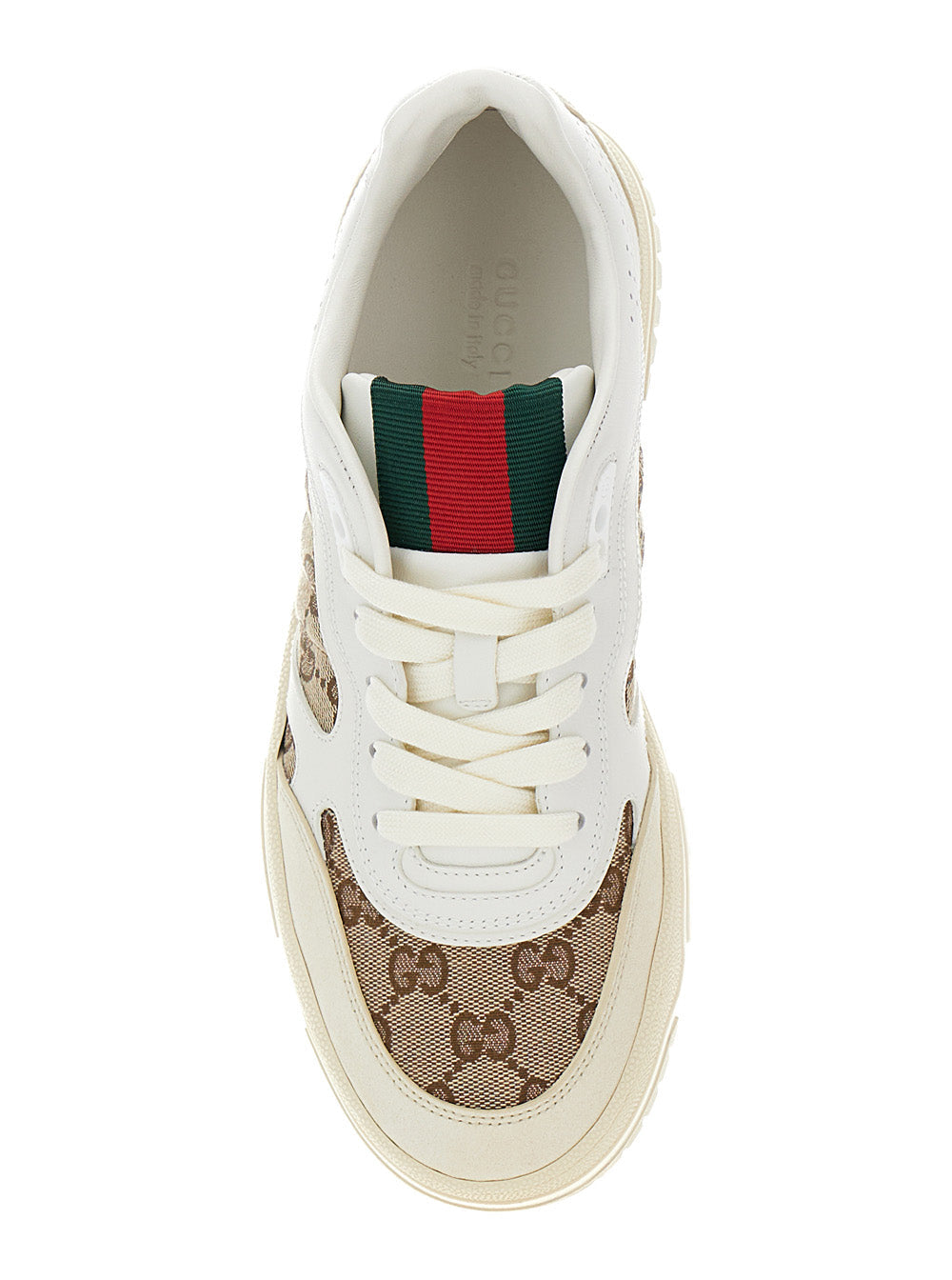 Gucci Women White And Beige Low Top Sneakers With Web Detail In Leather And Gg Supreme Canvas Woman by Luosophy