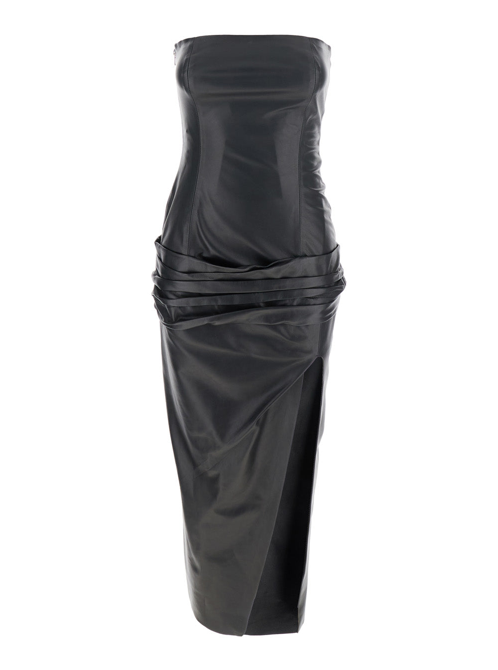 The Attico Women Black Sleeveless Off-Shoulder Midi Dress With Front Single Slit And Ruched Waist In Leather Woman by Luosophy