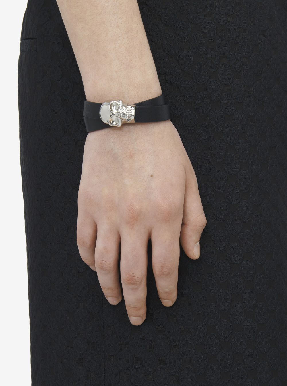 Alexander Mcqueen Men Black Bracelet With Skull Detail In Brass And Leather Man by Luosophy