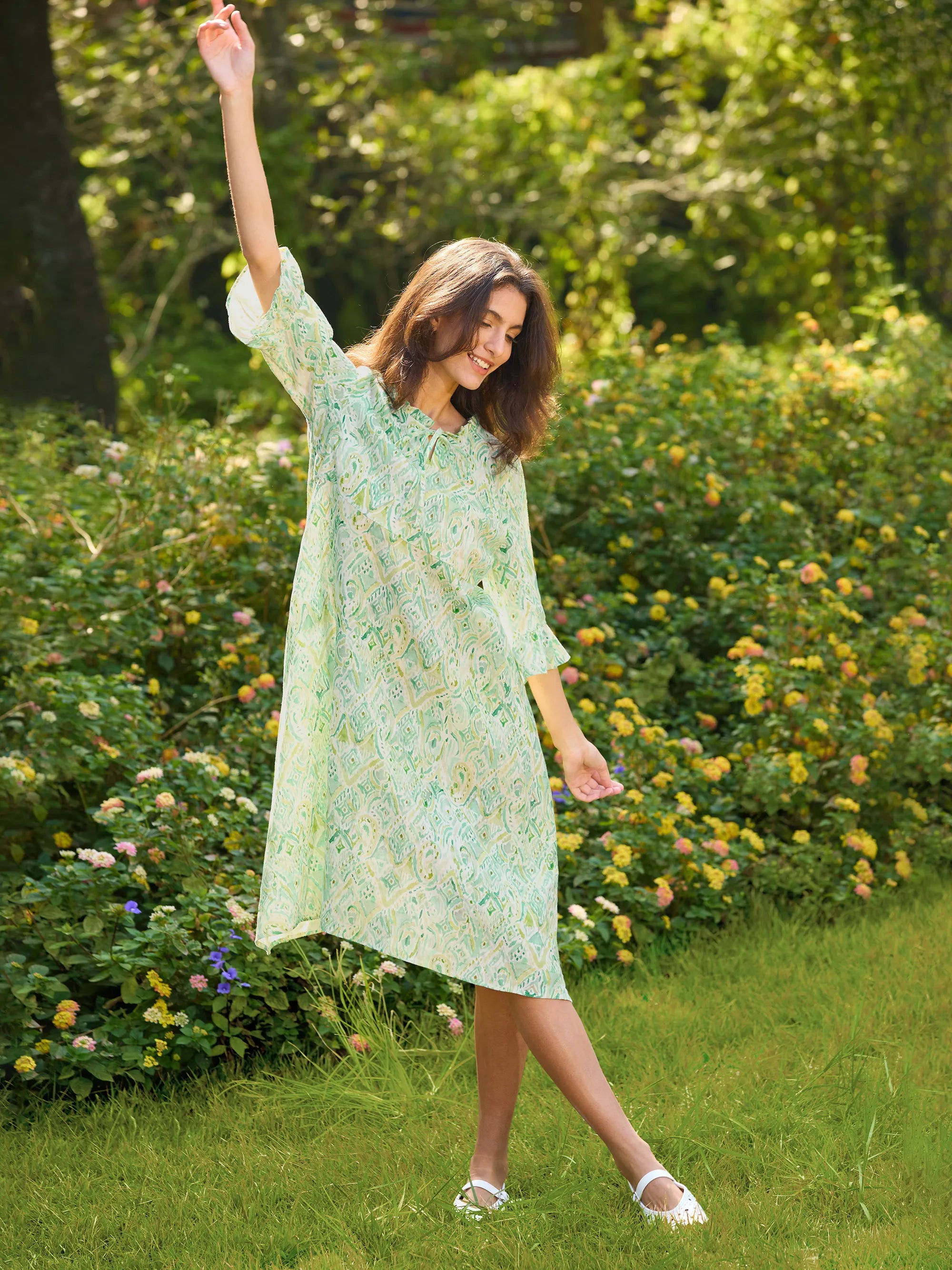 100% Linen A-Line Ruffled Collar Tie-Neck Midi Dress LIVIA by LINTICO