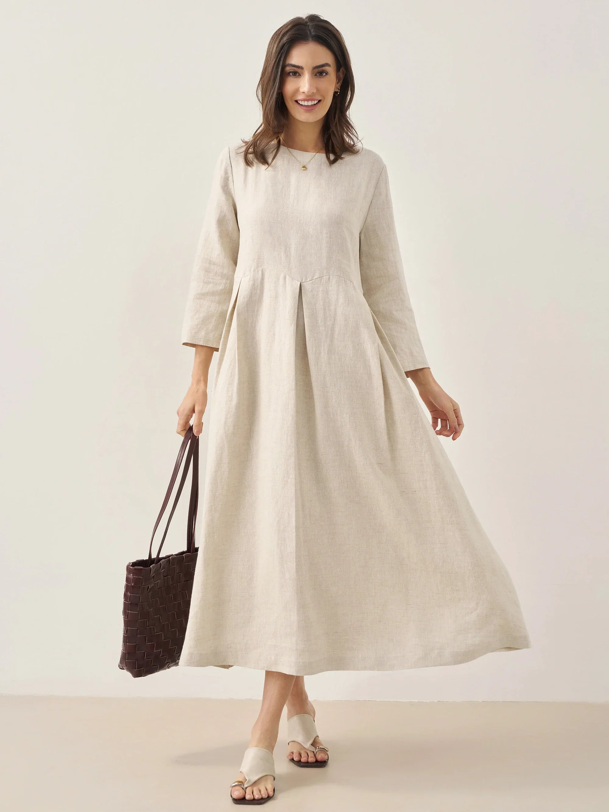 100% Linen Bateau Neck Pleated Midi Dress ABIGAIL DestGlow