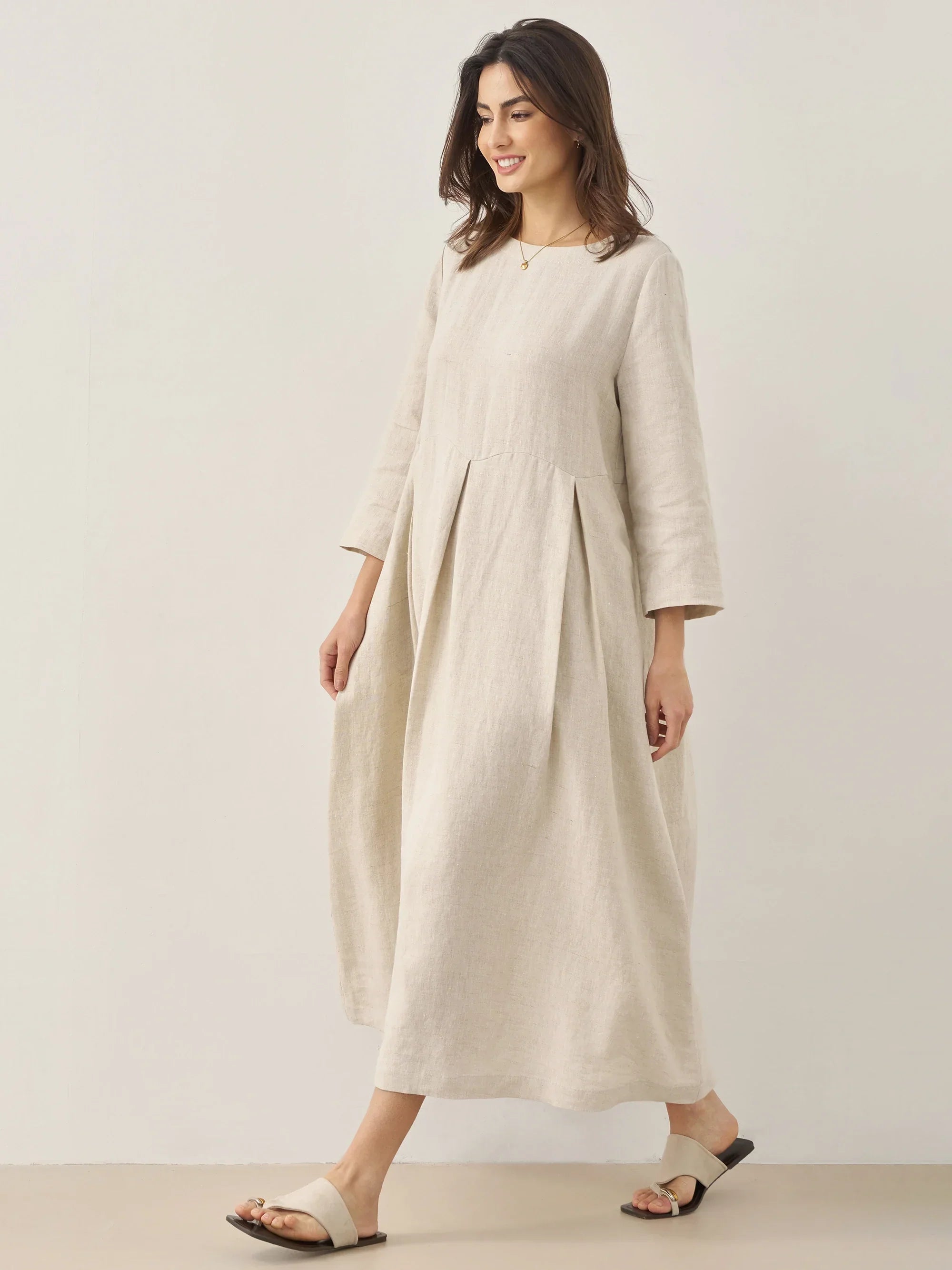100% Linen Bateau Neck Pleated Midi Dress ABIGAIL DestGlow