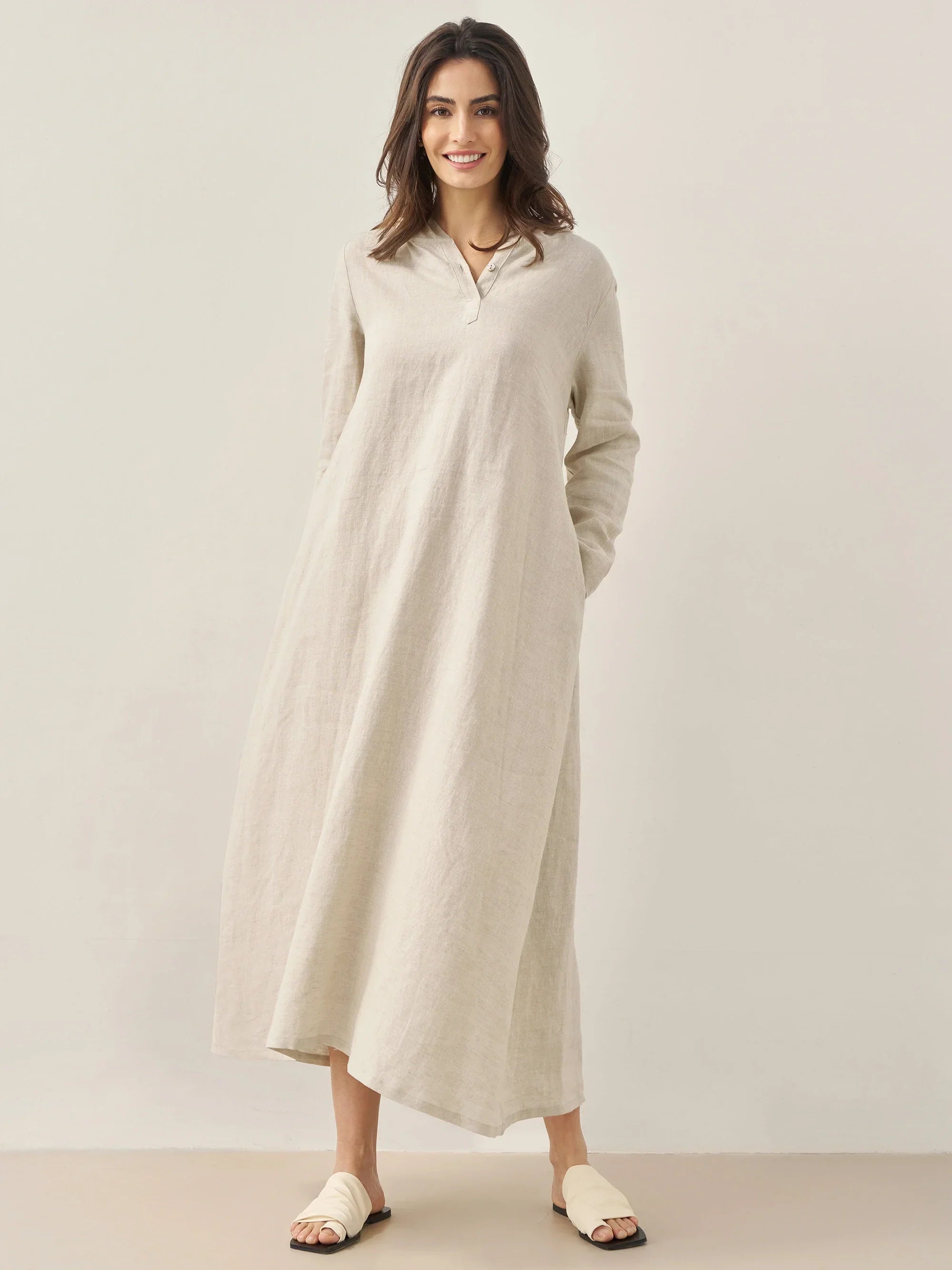 100% Linen Hooded Pullover Maxi Dress REBECCA DestGlow