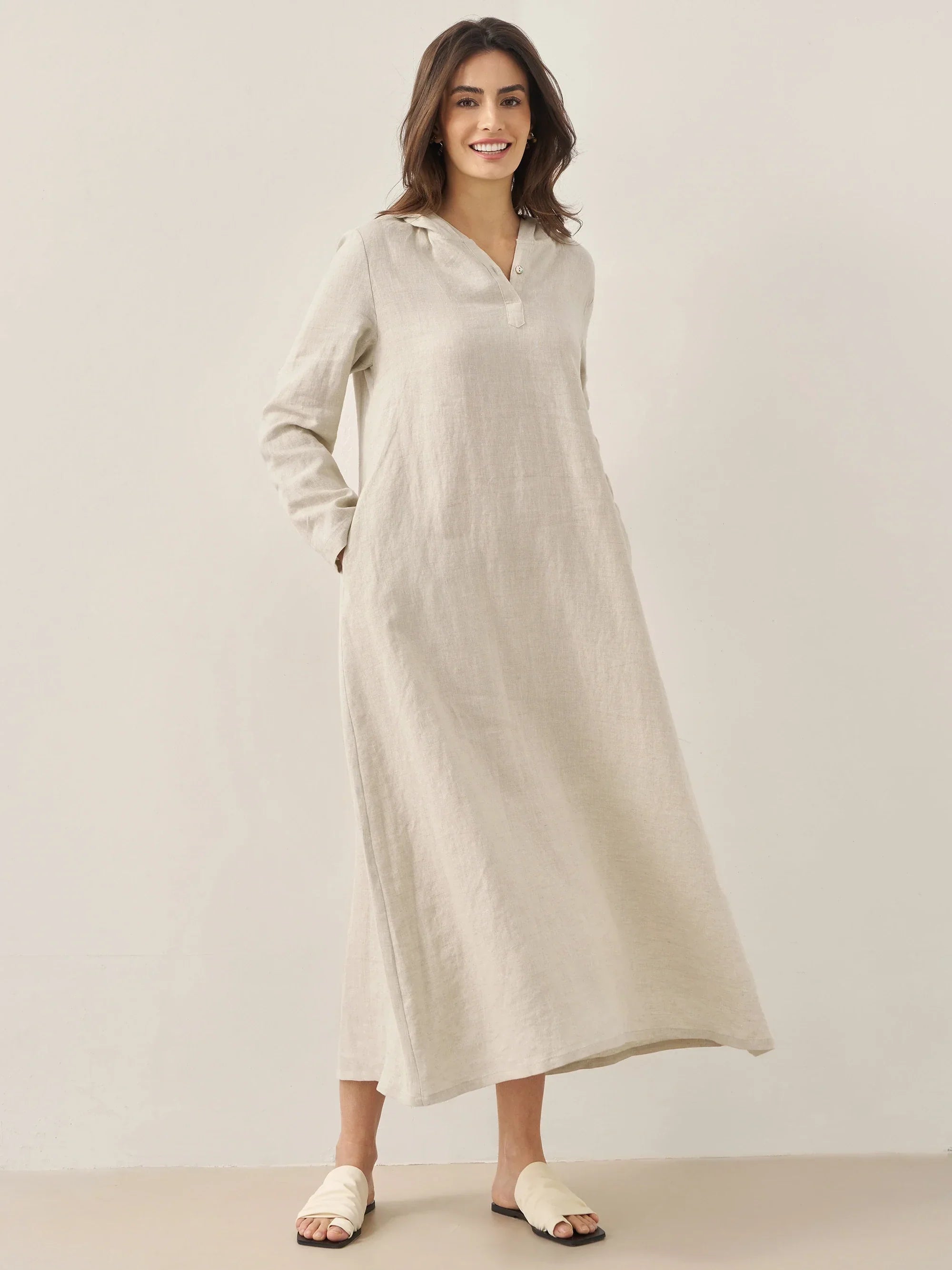 100% Linen Hooded Pullover Maxi Dress REBECCA DestGlow