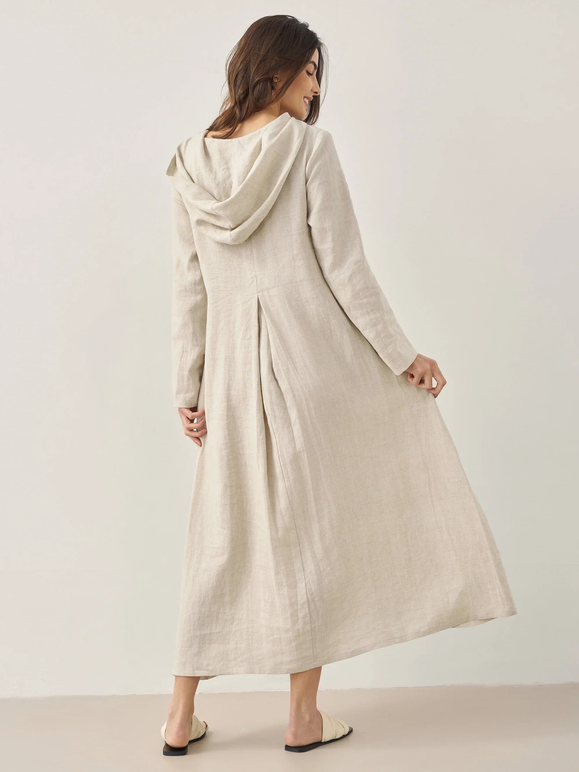 100% Linen Hooded Pullover Maxi Dress REBECCA DestGlow