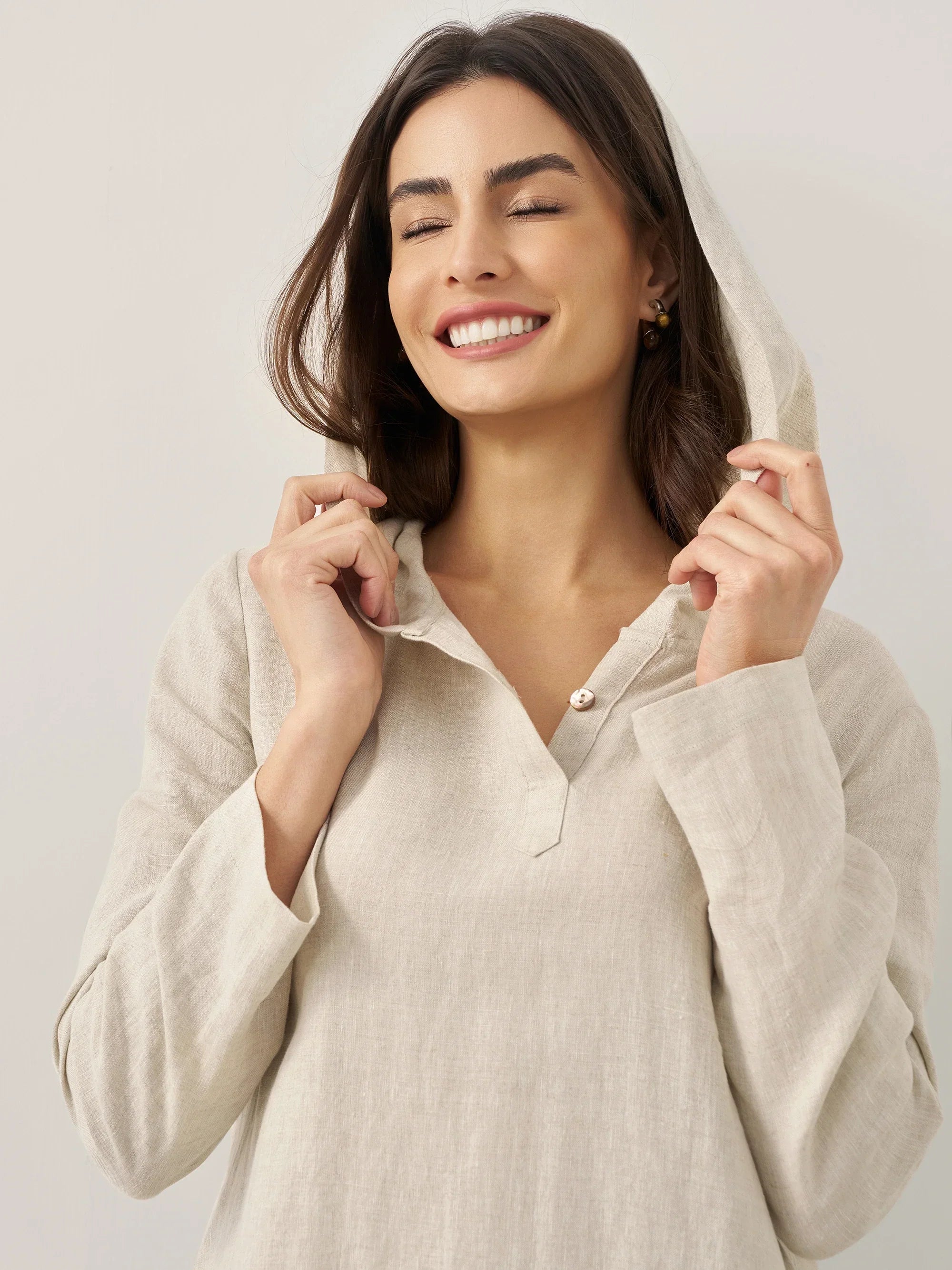 100% Linen Hooded Pullover Maxi Dress REBECCA DestGlow