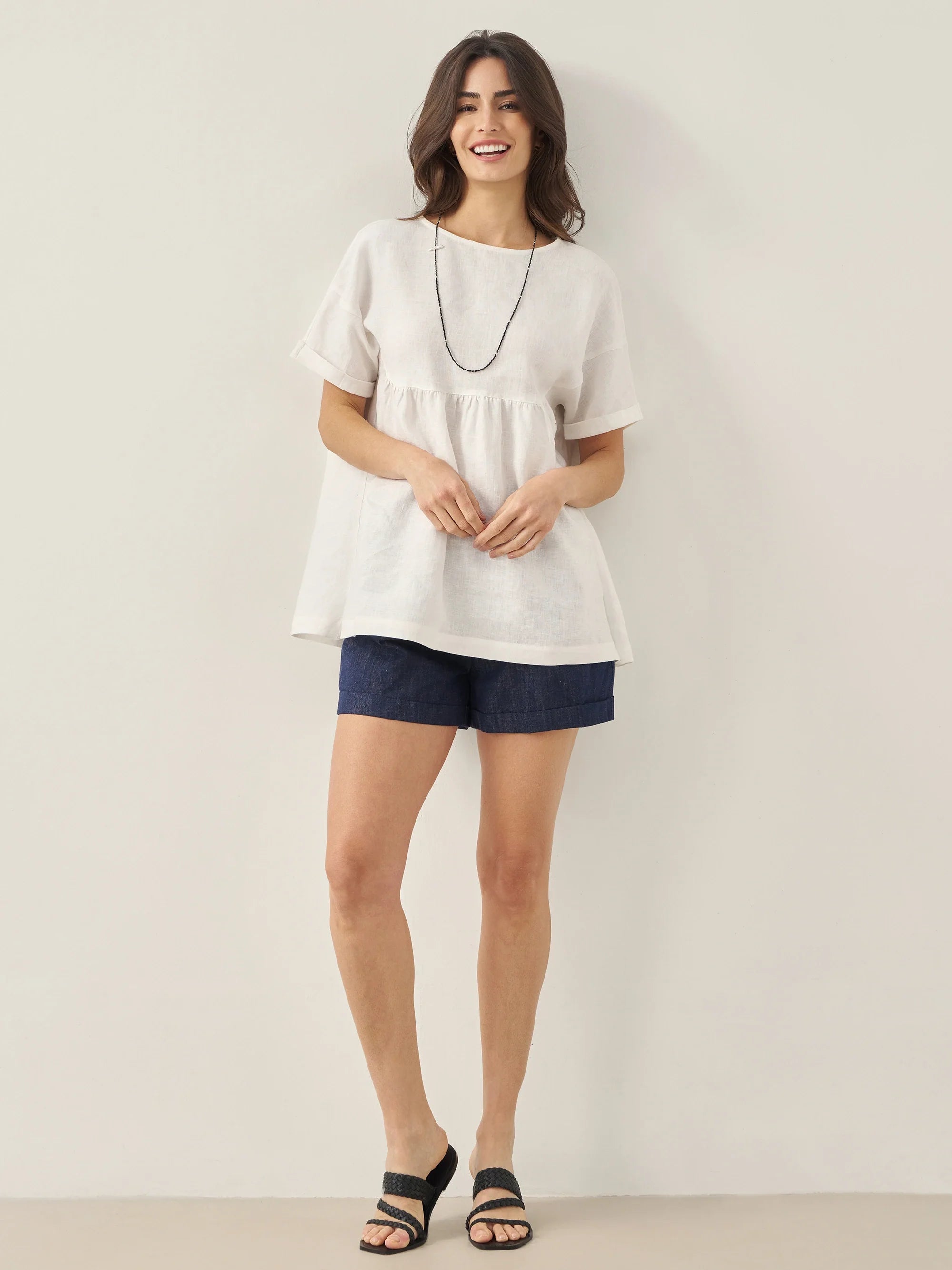 100% Linen Round Neck Pleated Pullover Top QUINLAN by LINTICO