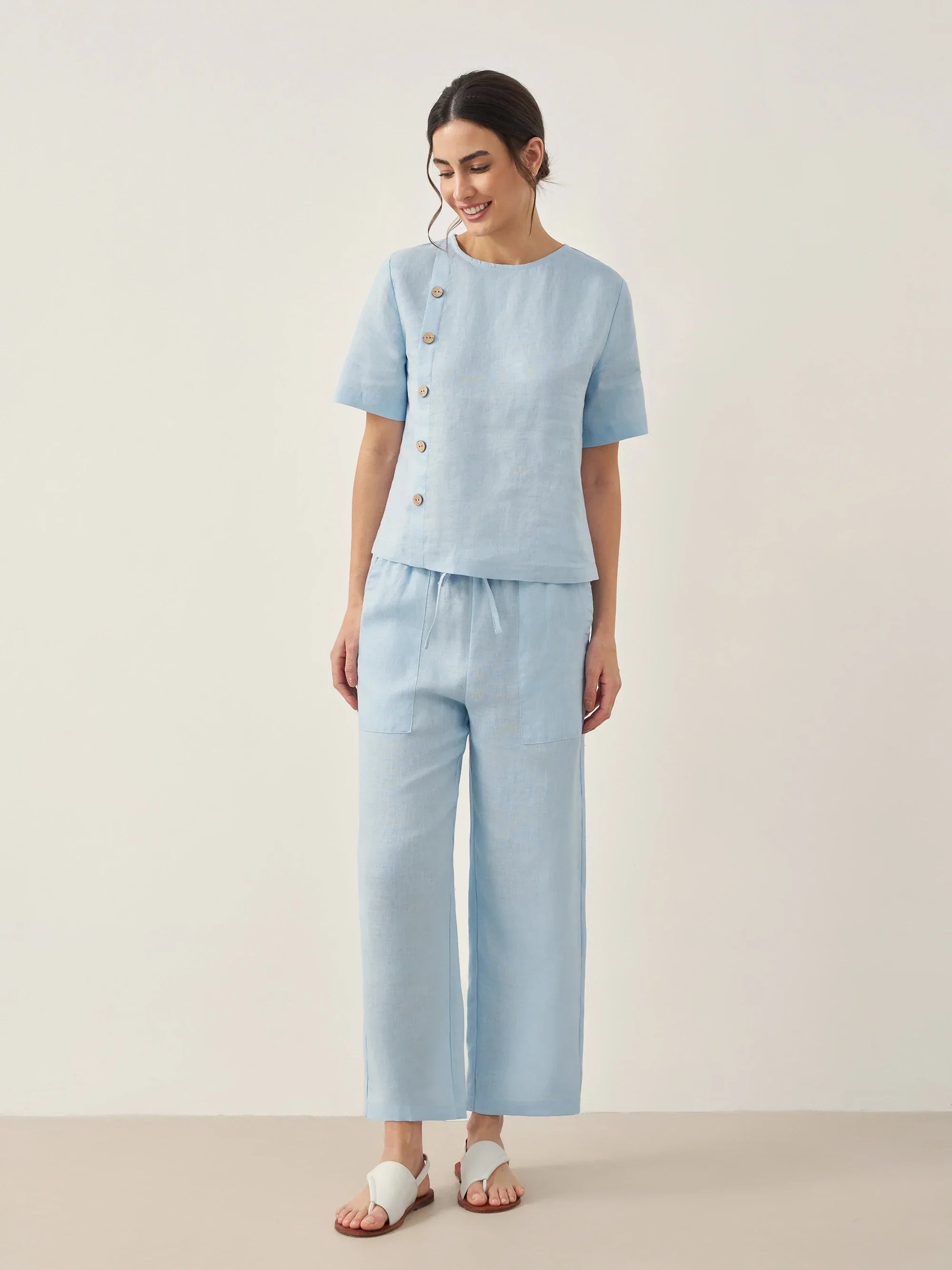 100% Linen Short-Sleeve Round Neck Button Detail Top & Pants Set JOSIE by LINTICO