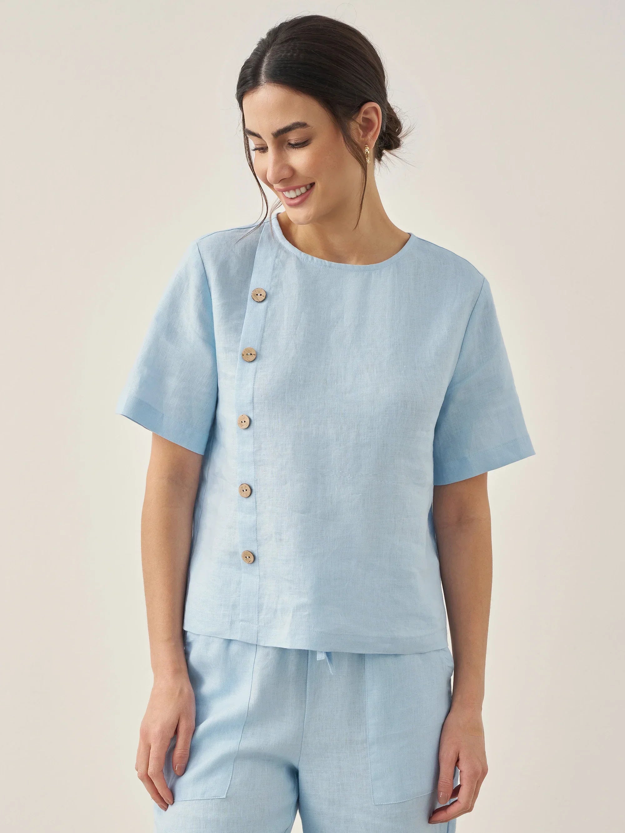 100% Linen Short-Sleeve Round Neck Button Detail Top & Pants Set JOSIE by LINTICO