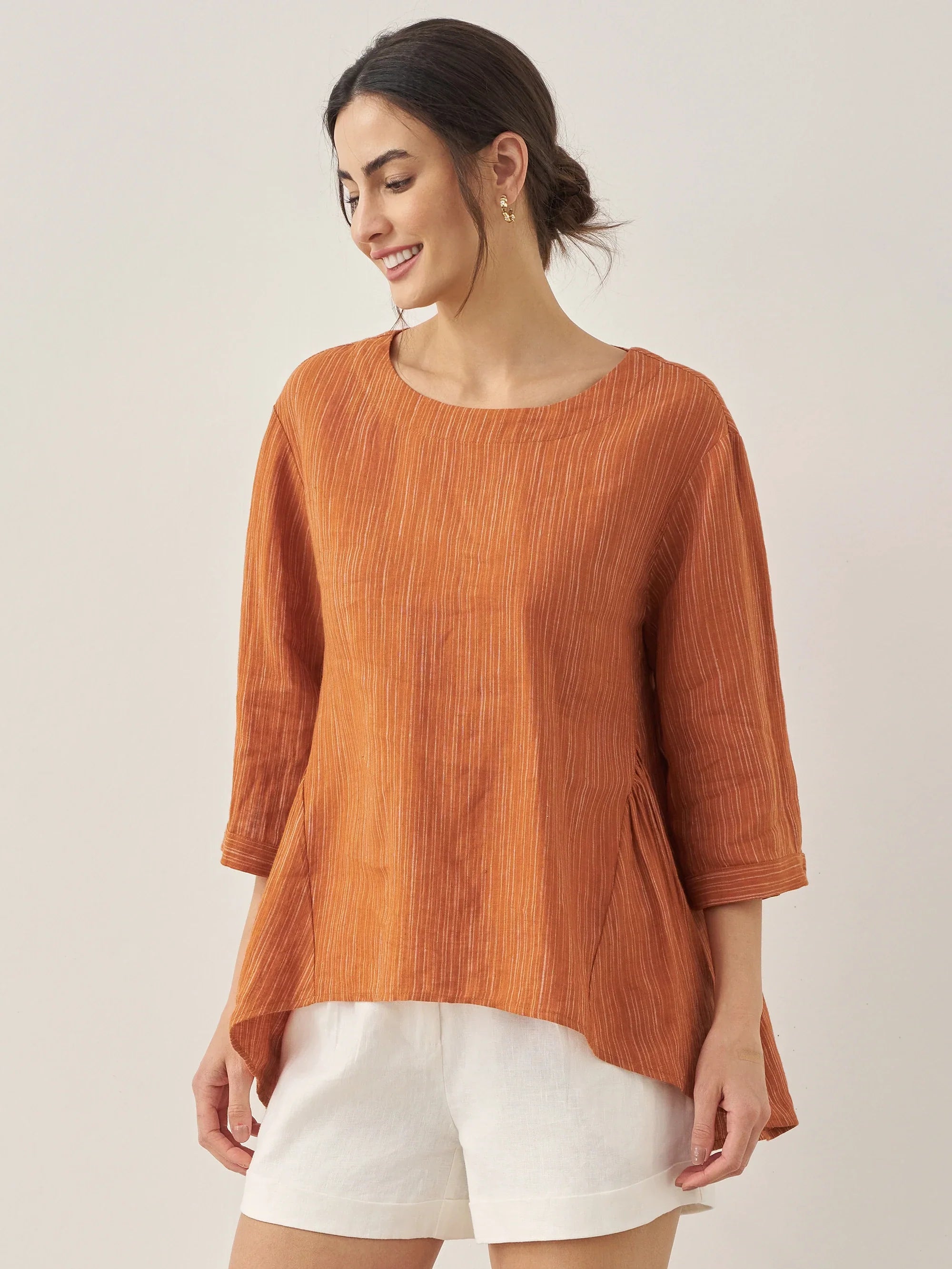 100% Linen Round Neck Artistic Stripe Top FLORENCE by LINTICO