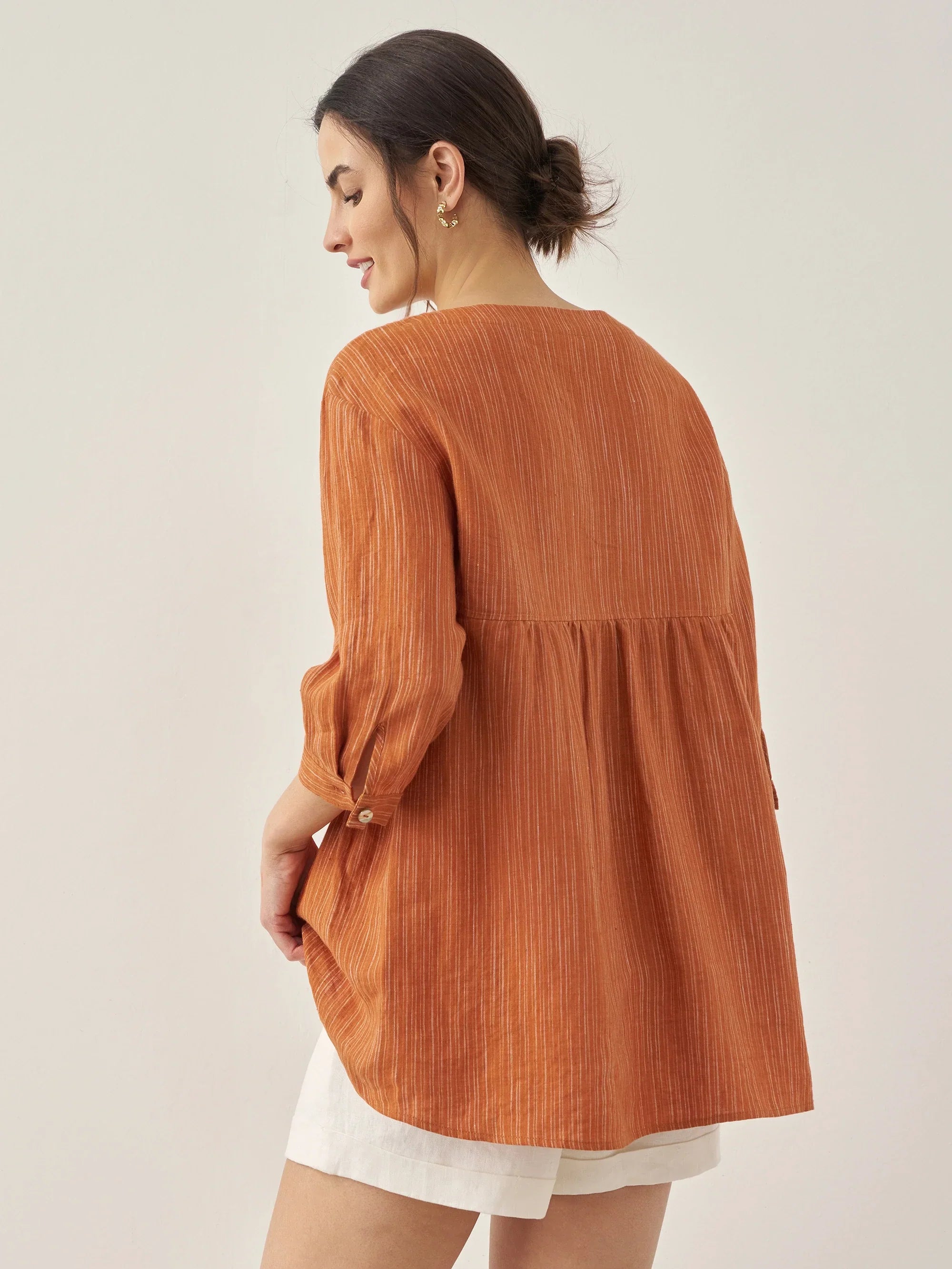 100% Linen Round Neck Artistic Stripe Top FLORENCE by LINTICO