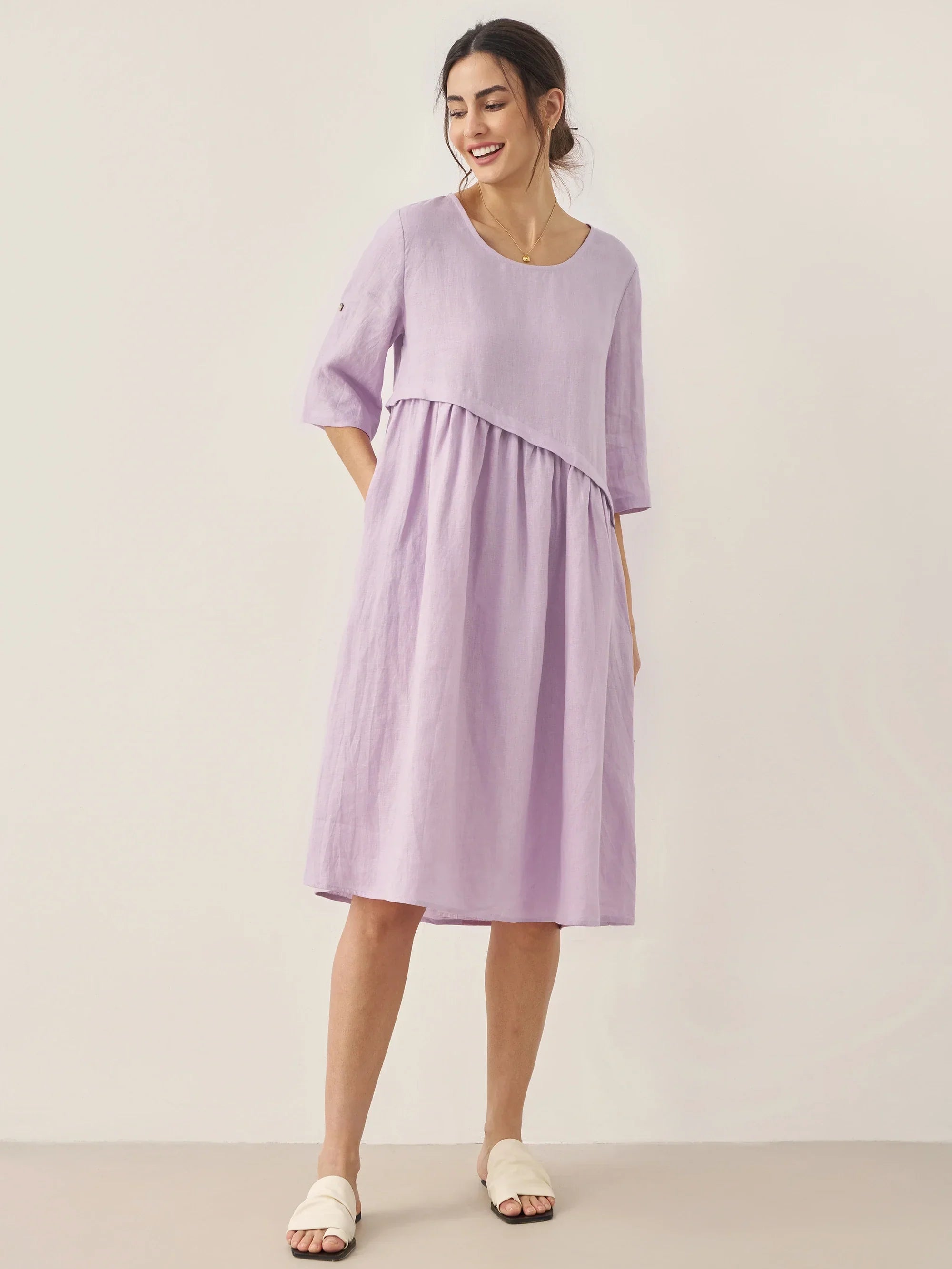 100% Linen Asymmetrical Pleated Round Neck Midi Dress YOLANDA by LINTICO