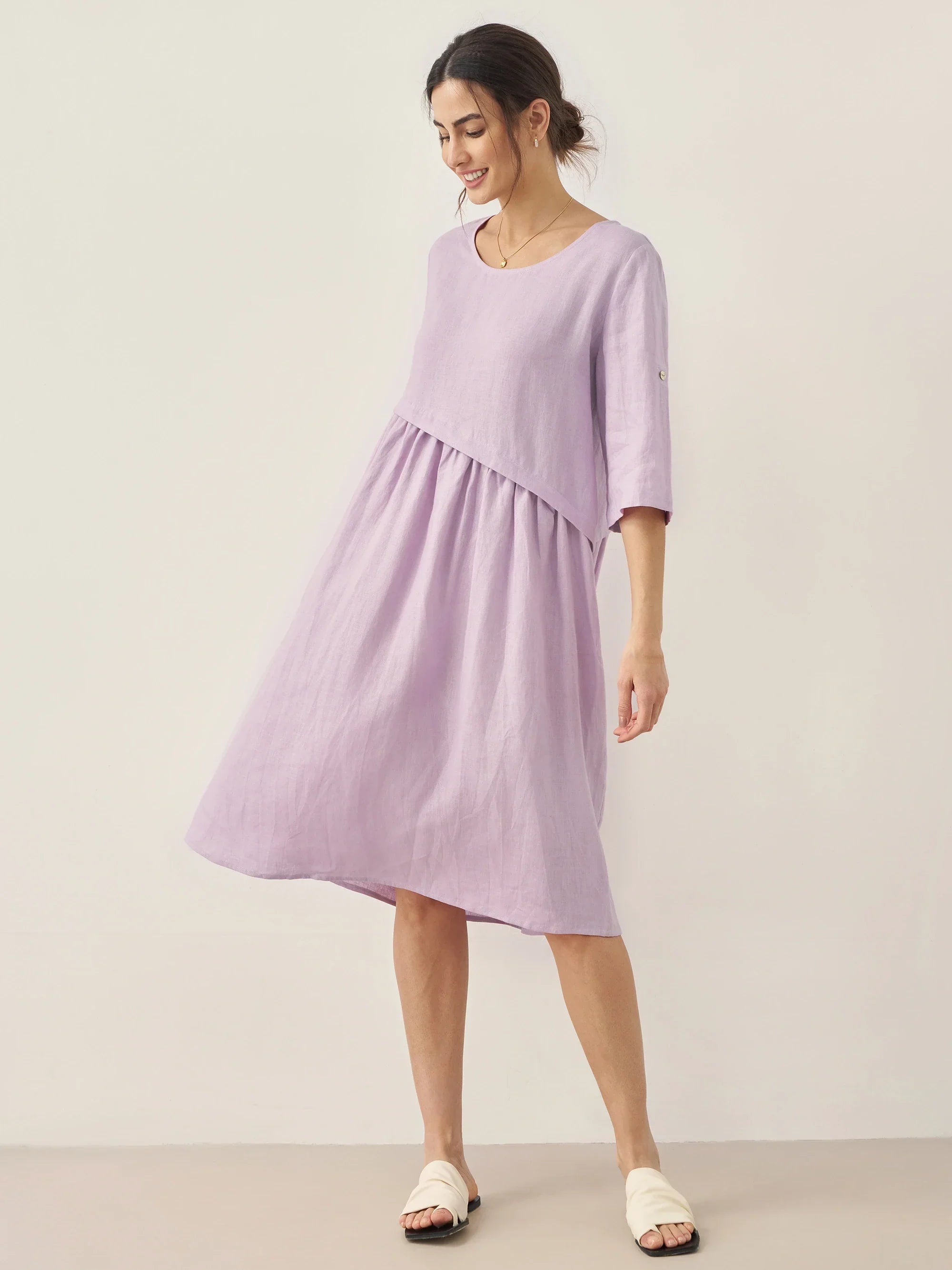 100% Linen Asymmetrical Pleated Round Neck Midi Dress YOLANDA by LINTICO