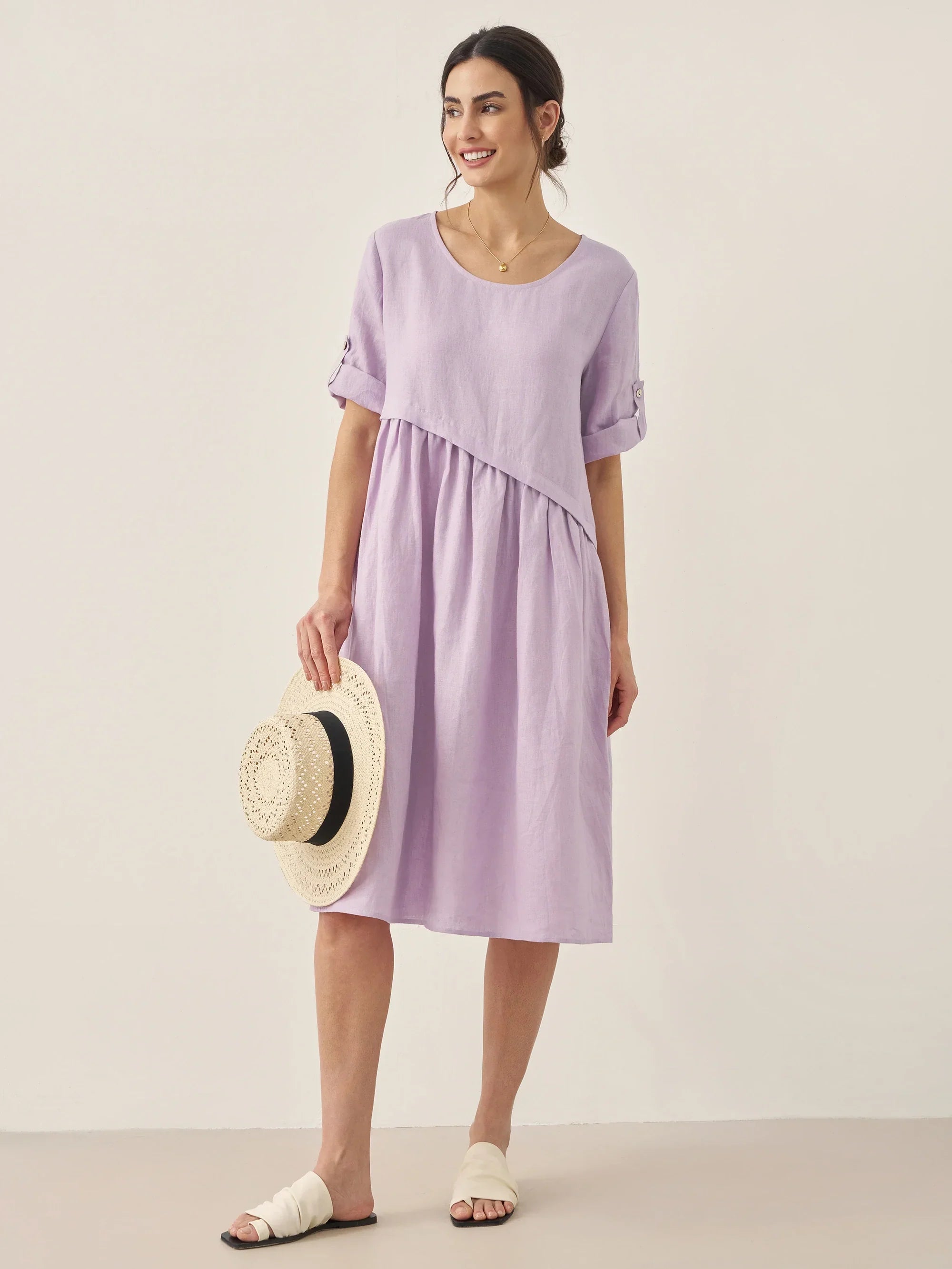 100% Linen Asymmetrical Pleated Round Neck Midi Dress YOLANDA by LINTICO